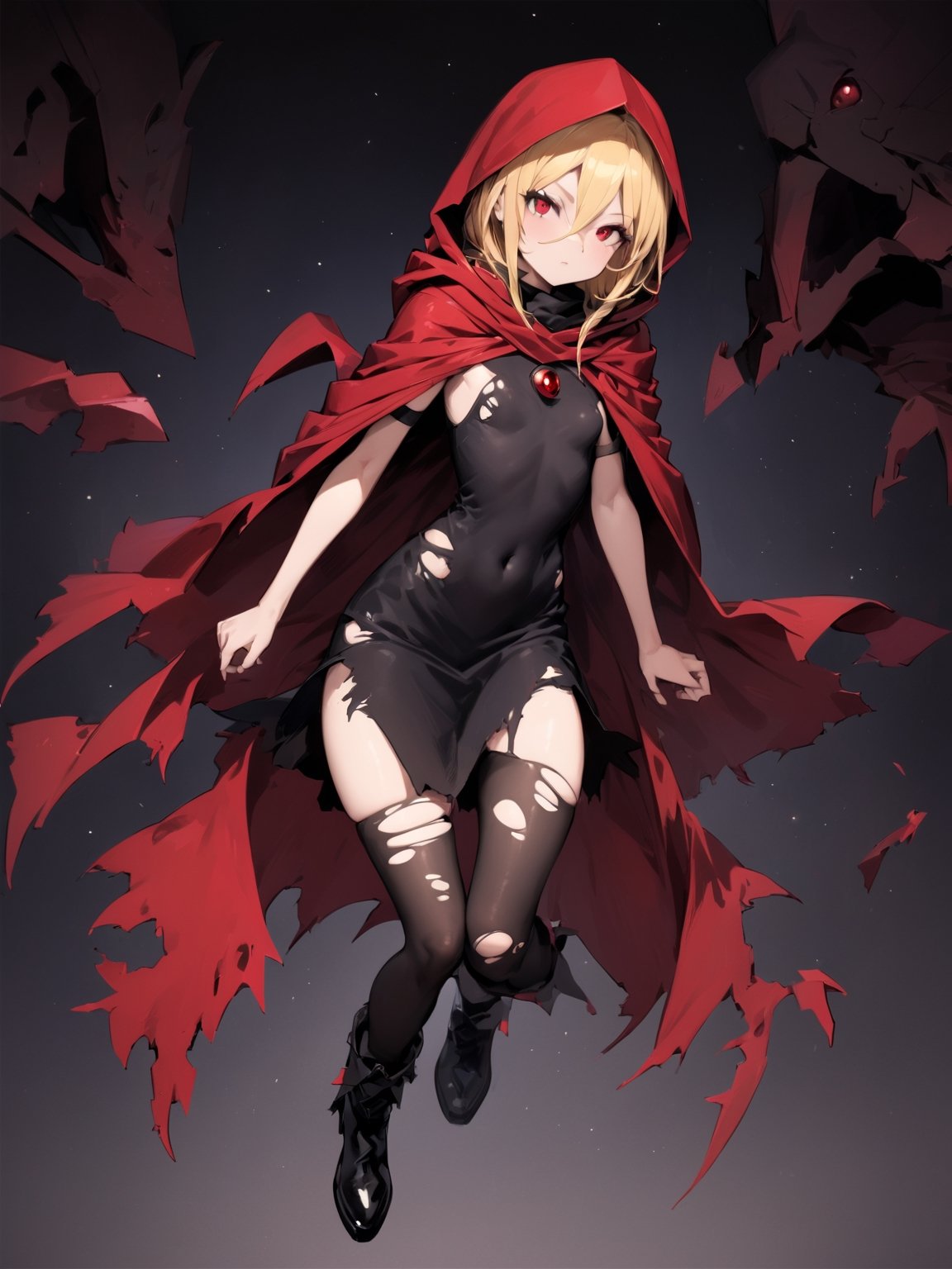 //Quality,
masterpiece, best quality, detailed
,//Character,
,Evileye \(overlord\), 1girl, solo, blonde hair, red eyes, hair between eyes, small breasts
,//Fashion,
hood, black dress, torn clothes, covered navel, red cloak, hooded cloak, black thighhighs, torn thighhighs, boots, black footwear
,//Background,
night_sky, starry_sky
,//Others,
hood up, arms at sides