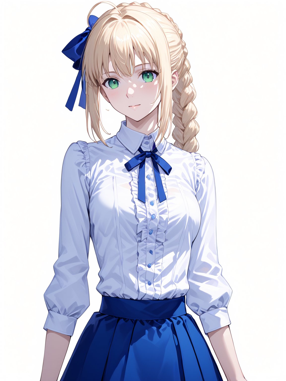 masterpiece, best quality
,//Character, 1girl, solo
,//Fashion, 
,//Background, white_background
,//Others, ,Expressiveh,
,ArtoriaPendragon, blonde hair, green eyes, sidelocks, braid, hair bun, ahoge, hair ribbon,
white shirt, blue skirt