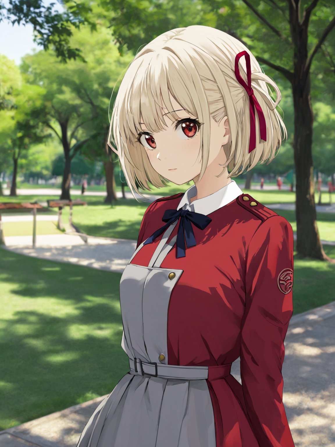 //Quality,
photo r3al, detailmaster2, masterpiece, photorealistic, 8k, 8k UHD, best quality, ultra realistic, ultra detailed, hyperdetailed photography, real photo
,//Character,
1girl, solo
,//Fashion,
,//Background,
park
,//Others,
,nishikigi chisato, bob cut, hair ribbon, lycoris uniform, two-tone dress, red dress, grey dress, neck ribbon, long sleeves