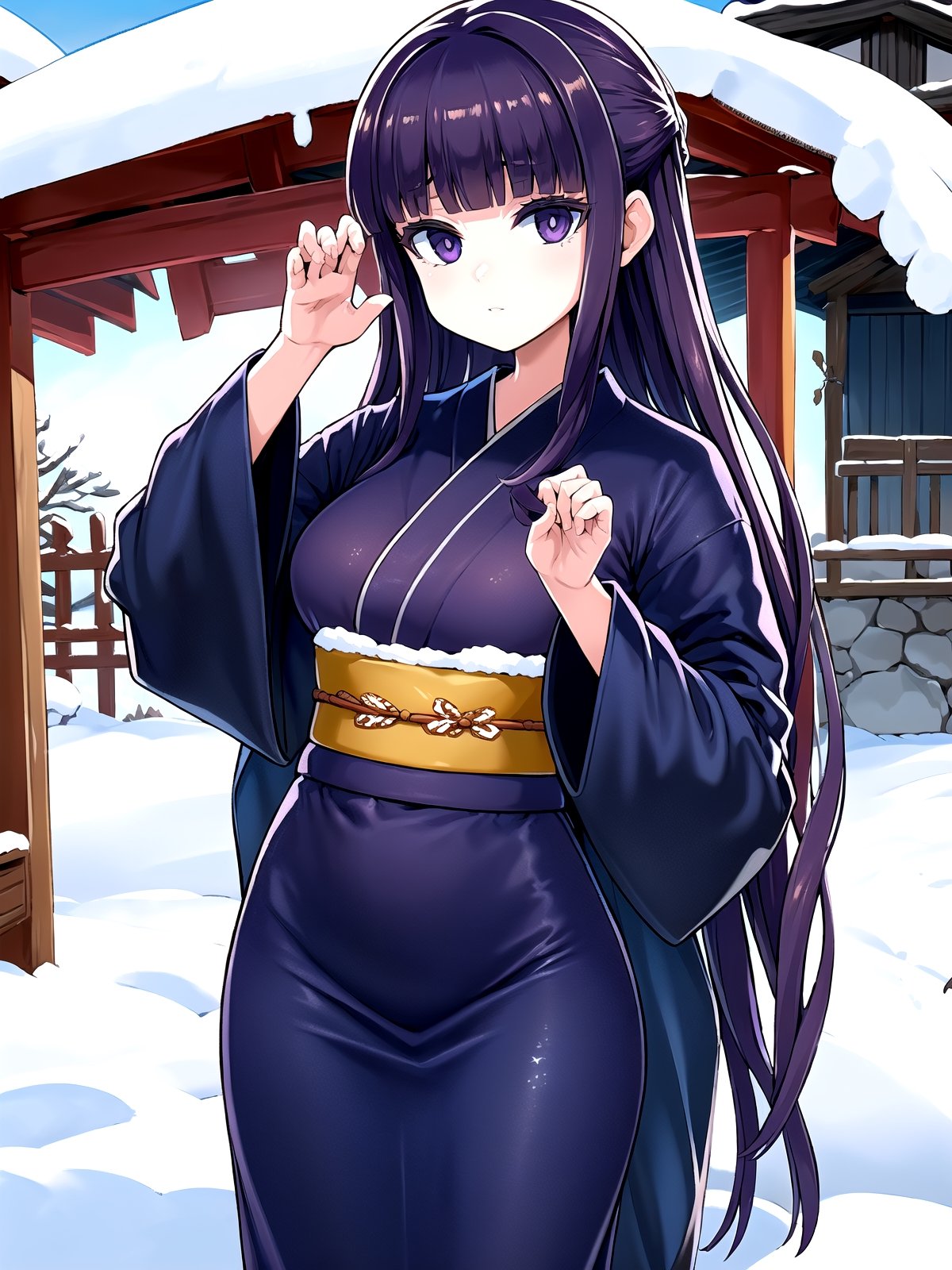 //Quality,
(masterpiece), (best quality), 8k illustration,
,//Character,
1girl, solo,
,//Fashion,
details (dark blue silk brocade kimono)
,//Background,
Kyoto, outdoors, winter, snow
,//Others,
goodbye pose,aafern, long hair, purple hair