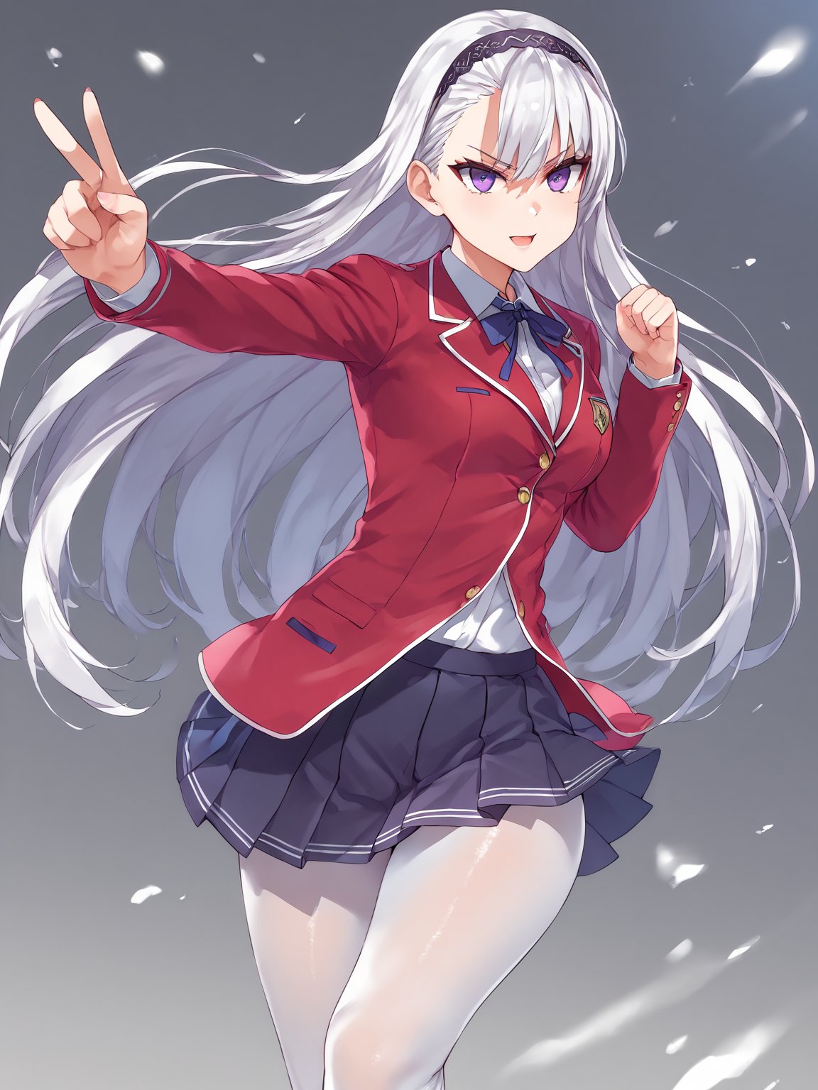 score_9,score_8_up,score_7_up,score_6_up, masterpiece, best quality, 8k, 8k UHD, ultra-high resolution, ultra-high definition, highres
,//Character, 
1girl, solo, long hair, white hair, purple eyes
,//Fashion, 
school uniform, red jacket, pantyhose, pleated skirt, hairband
,//Background, white_background
,//Others, ,Expressiveh,
fighting stance, dynamic pose