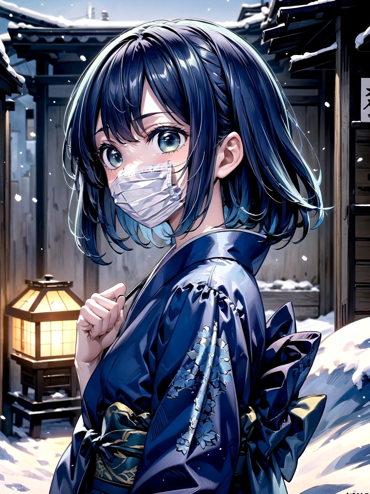 //Quality,
(masterpiece), (best quality), 8k illustration,
,//Character,
1girl, solo, 
,//Fashion,
details (dark blue silk brocade kimono)
,//Background,
Kyoto, outdoors, winter, snow
,//Others,
virus, mask, goodbye,hmakane, blue hair, short hair