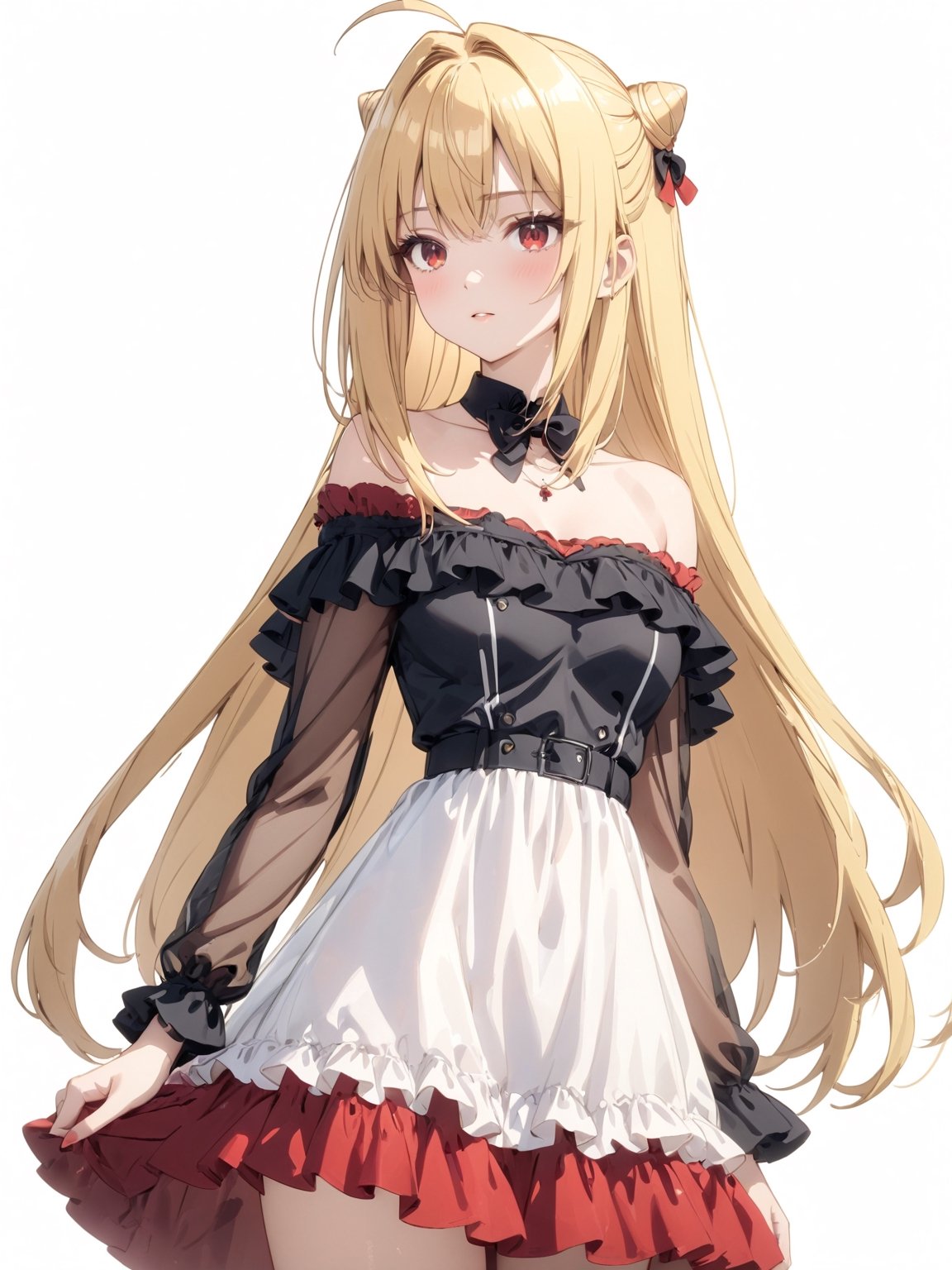 //Quality, masterpiece, best quality, detailmaster2, 8k, 8k UHD, ultra detailed, ultra-high resolution, ultra-high definition, highres, 
//Character, 1girl, solo,Terakomari, long hair, blonde hair, red eyes, ahoge, 
//Fashion, frills, off shoulder, hair bun, dress, see-through, off-shoulder dress,
//Background, white background, 
//Others, 