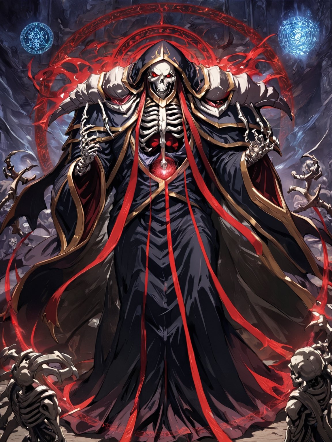 //Quality,
masterpiece, best quality, detailed
,//Character,
,ainz ooal gown \(overlord\), 1boy, solo, red eyes, skull, skeleton, glowing
,//Fashion,
hood, shoulder armor, robe
,//Background,
foggy plain
,//Others,
magic chant, magic circle, laughing loudly