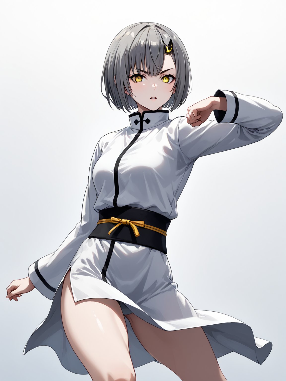 A martial artist mid-kick, her gi revealing a glimpse of athletic physique.
best quality, 8k, 8k UHD, ultra-high resolution, ultra-high definition, highres
,//Character, 
1girl, solo
,//Fashion, 
,//Background, 
,//Others, ,Expressiveh, 
Ataru, short hair, grey hair, yellow eyes, heterochromia, glowing, single horn, dress, legs,
A martial artist mid-kick, her gi revealing a glimpse of athletic physique.