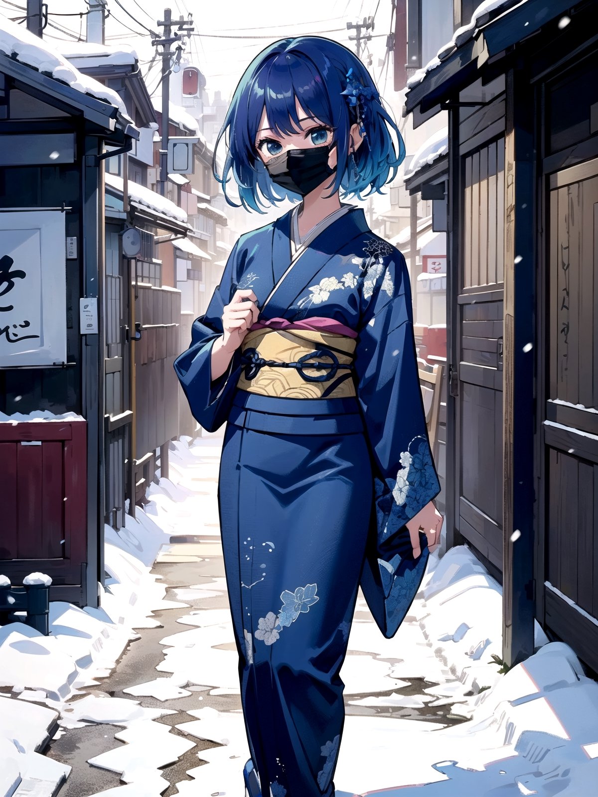 //Quality,
(masterpiece), (best quality), 8k illustration,
,//Character,
1girl, solo, 
,//Fashion,
details (dark blue silk brocade kimono)
,//Background,
Kyoto, outdoors, winter, snow
,//Others,
virus, mask, goodbye,hmakane, blue hair