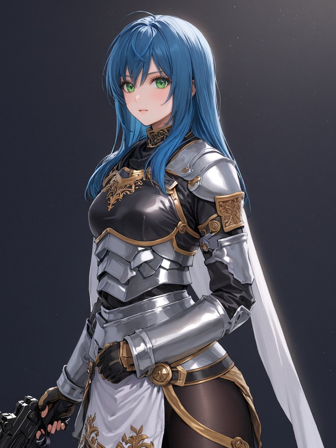 //Character, solo,MariaTraitor_SO3, 1girl, green eyes, long hair, blue hair, 
//Fashion, armor, fingerless gloves, pantyhose,
//Background, simple background, 
//Quality, (masterpiece), best quality, ultra-high resolution, ultra-high definition, highres, intricate, intricate details, absurdres, highly detailed, finely detailed, ultra-detailed, ultra-high texture quality, natural lighting, natural shadow, dramatic shading, dramatic lighting, vivid colour, perfect anatomy, 
//Others, gun