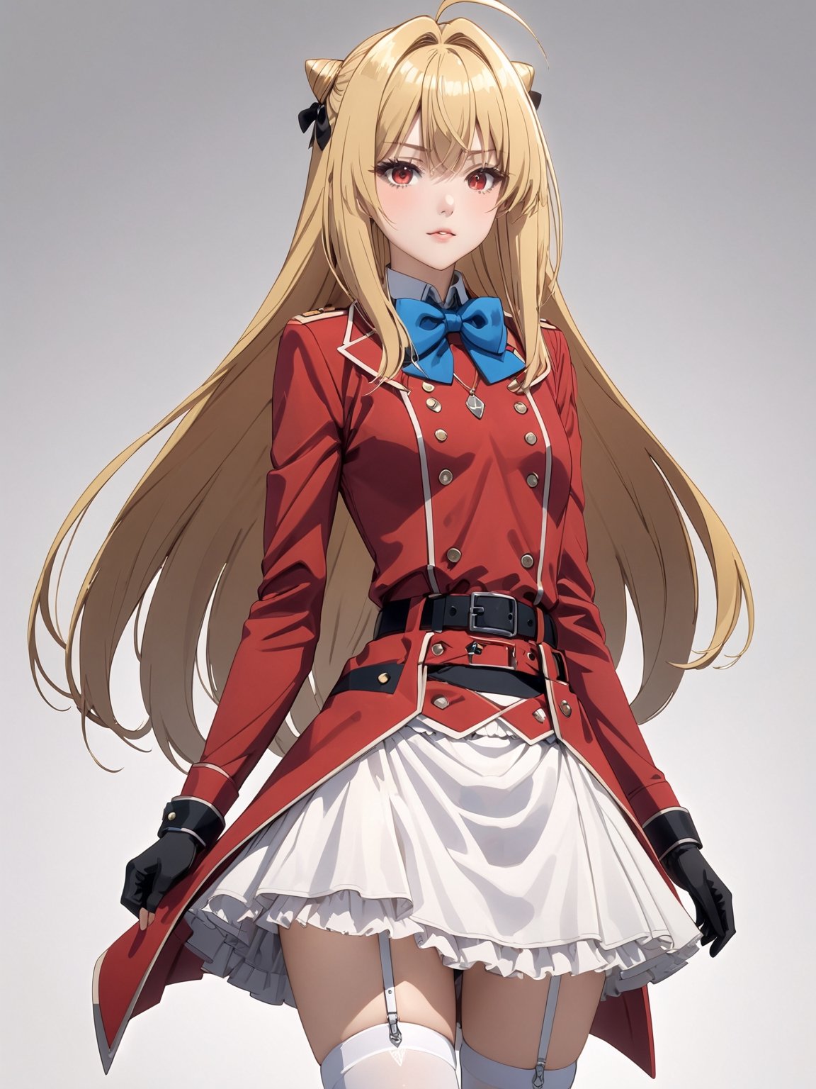 //Quality, masterpiece, best quality, detailmaster2, 8k, 8k UHD, ultra detailed, ultra-high resolution, ultra-high definition, highres, 
//Character, 1girl, solo,Terakomari, long hair, blonde hair, red eyes, ahoge, 
//Fashion, red coat, belt buckle, blue bowtie, long sleeves, white skirt, bow, white thighhighs, garter straps, boots, 
//Background, white background, 
//Others, 