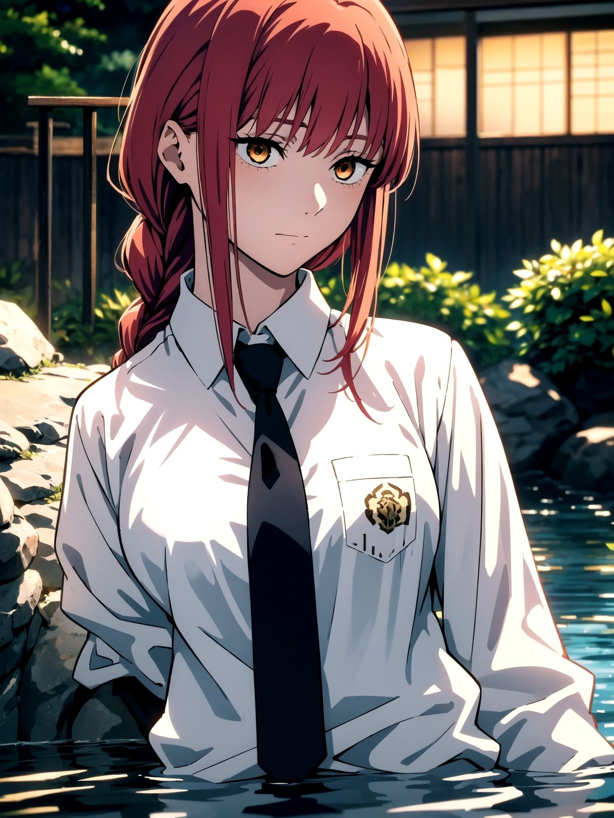 //Quality,
(masterpiece), (best quality), 8k illustration
,//Character,
1girl, solo
,//Fashion,
,//Background,
onsen
,//Others,
,makima (chainsaw man), red hair, long braided hair, golden eyes, bangs, medium breasts, white shirt, necktie, stare,1girl