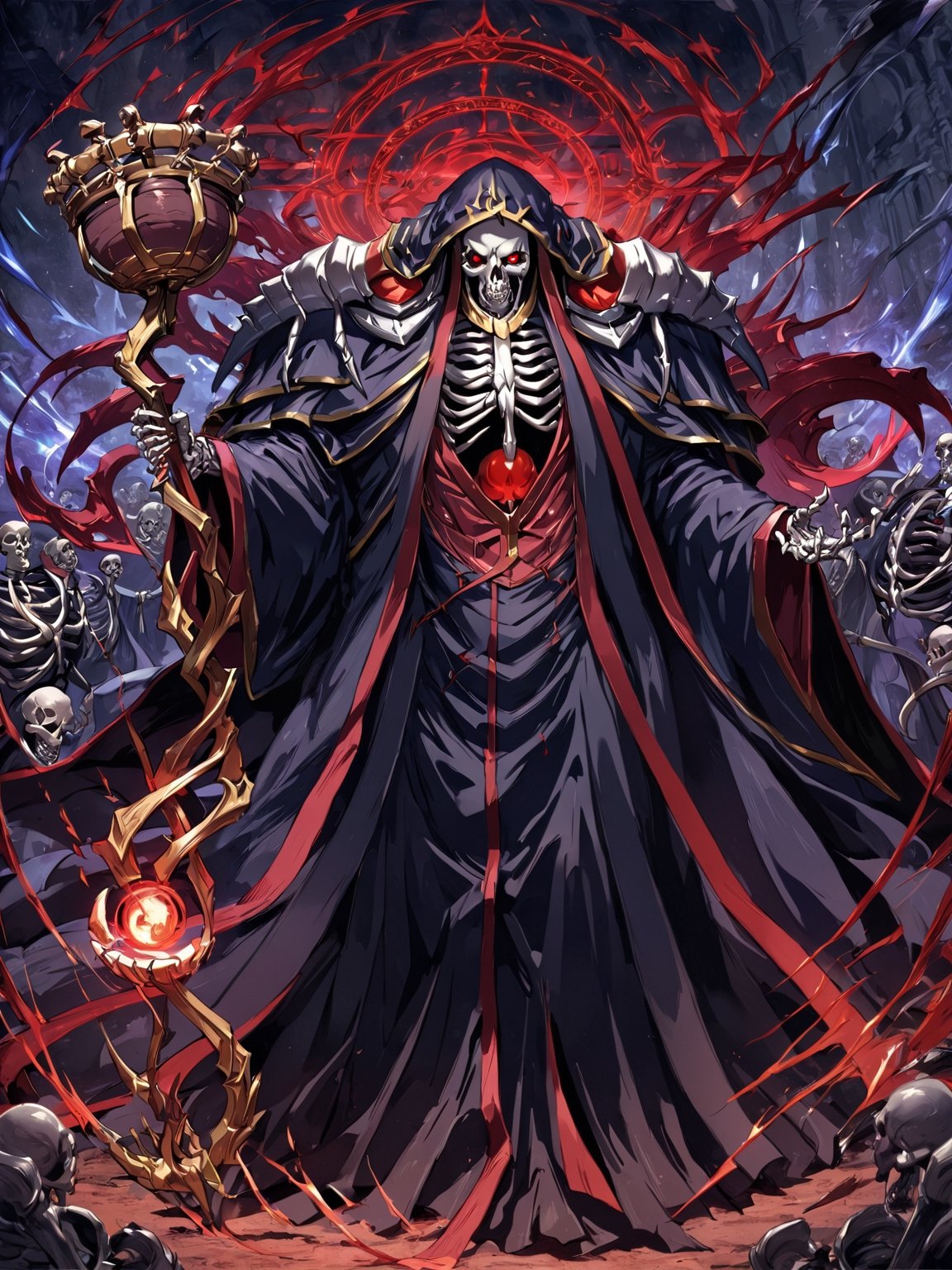 //Quality,
masterpiece, best quality, detailed
,//Character,
,ainz ooal gown \(overlord\), 1boy, solo, red eyes, skull, skeleton, glowing
,//Fashion,
hood, shoulder armor, robe, staff
,//Background,
battle field
,//Others,
magic chant, magic circle