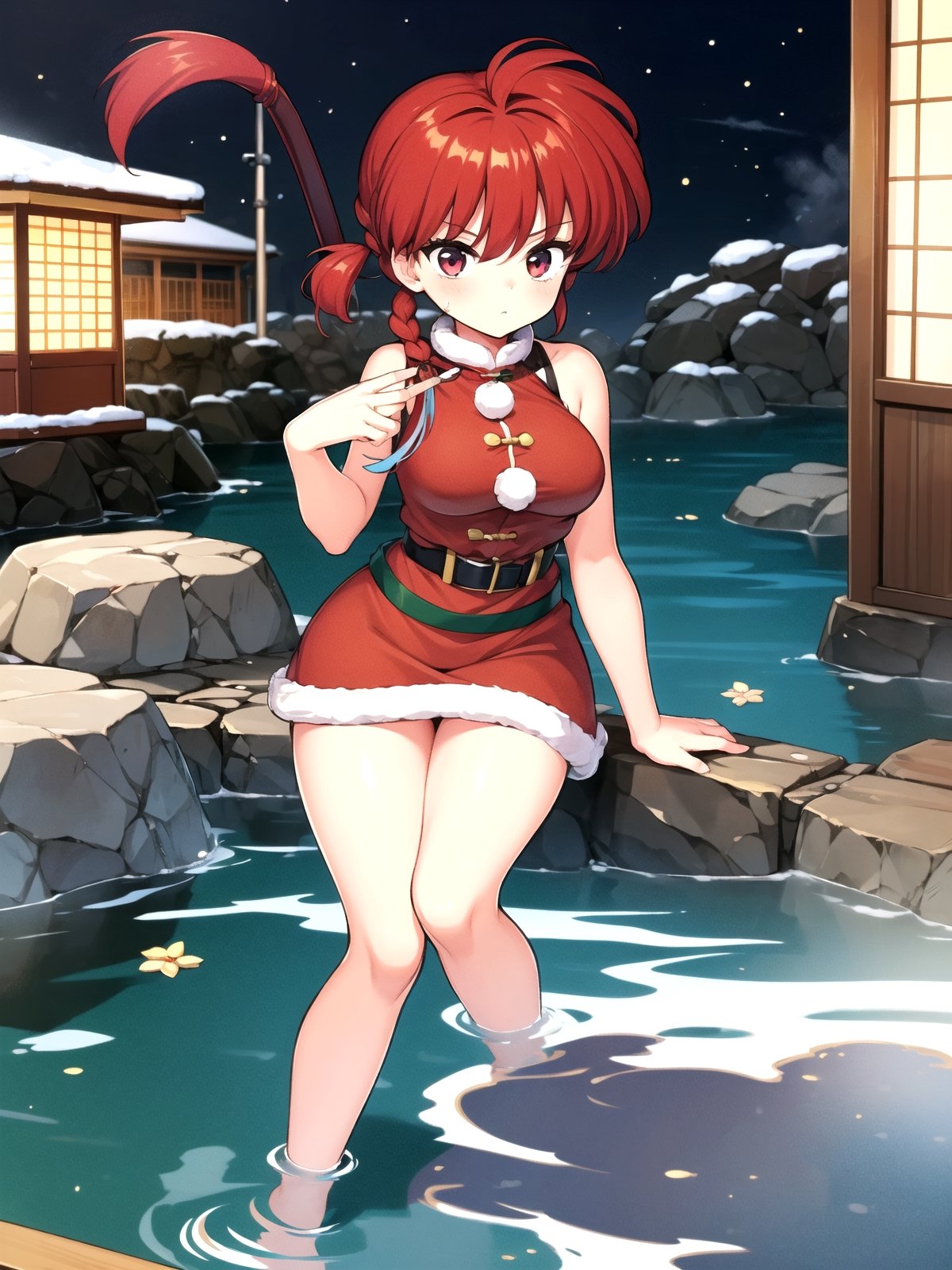 1girl, solo, Hot springs, Ranma style, female Santa,RanmaChan, red_hair,so-bin