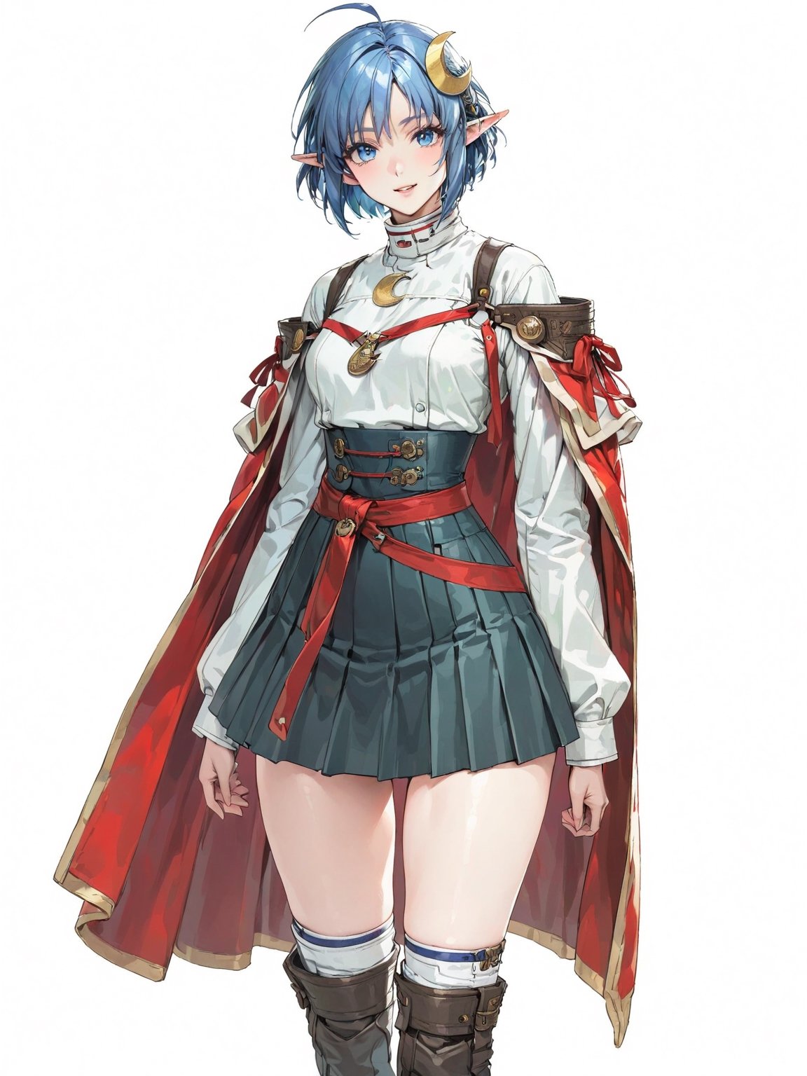 //Quality, masterpiece, best quality, detailmaster2, 8k, 8k UHD, ultra detailed, ultra-high resolution, ultra-high definition, highres, 
//Character, 1girl, solo, blue eyes, short hair, blue hair, pointy ears, ahoge,
//Fashion, red cape, skirt, thighhighs, crescent hair ornament,
//Background, white background, 
//Others, looking at viewer, smile, 