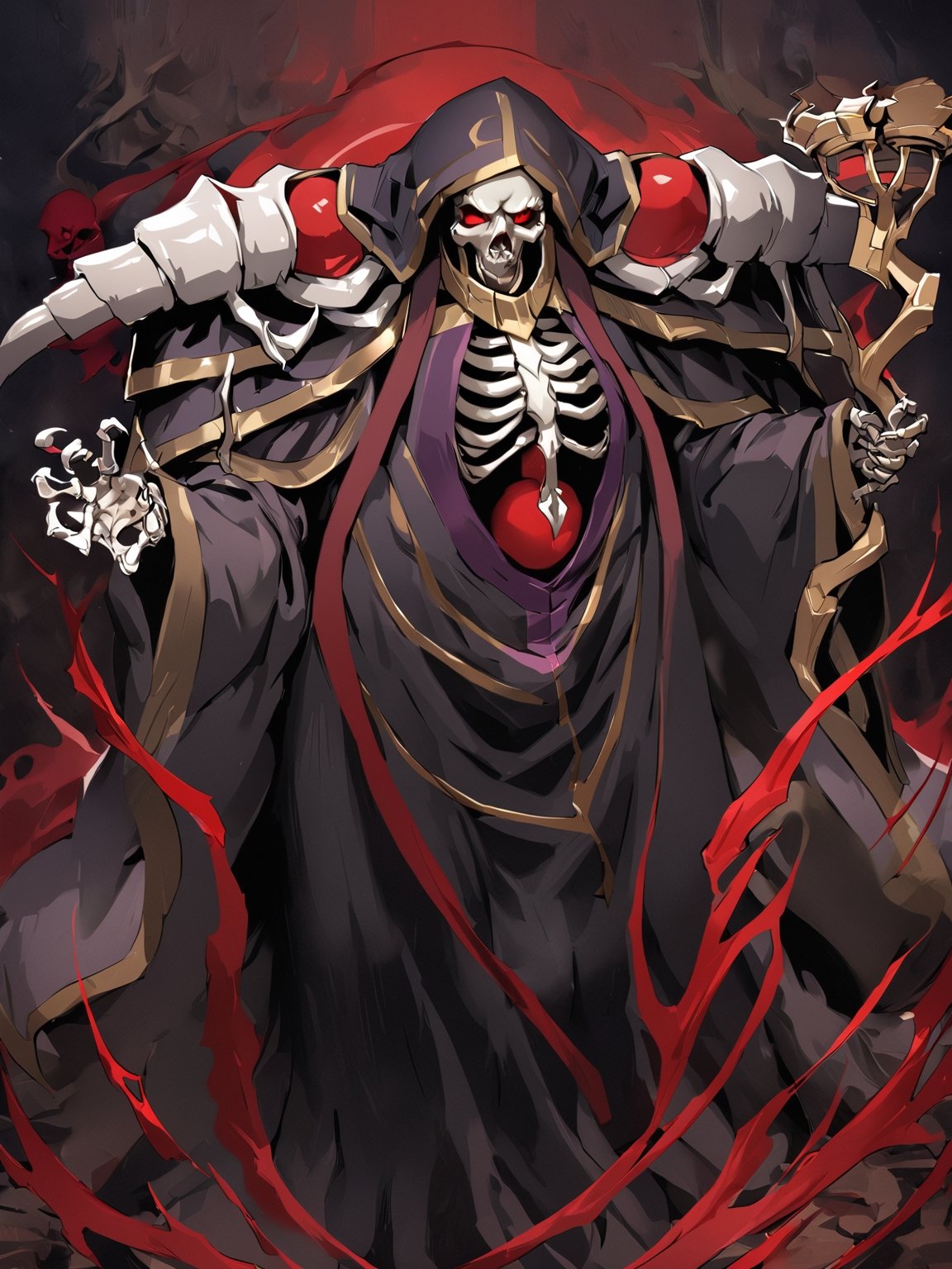 //Quality,
masterpiece, best quality, detailed
,//Character,
solo,
,//Fashion,
,//Background,
,//Others,
,ainz ooal gown \(overlord\), 1boy, red eyes, skull, skeleton, hood, shoulder armor, robe, staff