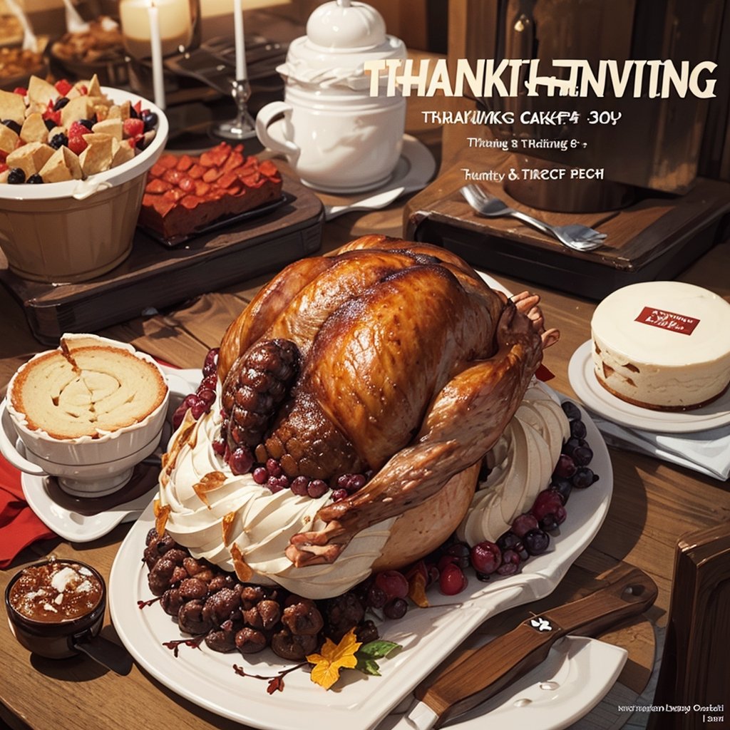 ("THANKS GIVING" text logo: 1.3),cake, turkey,