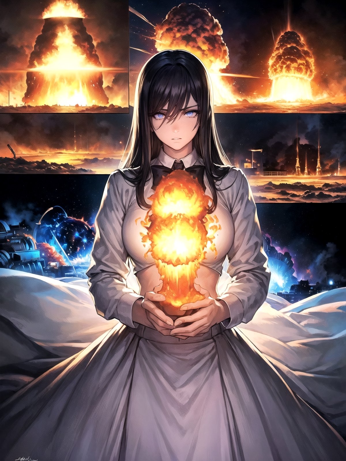 (((masterpiece))),best quality, illustration,(beautiful detailed girl),beautiful detailed glow,((flames of war)),(((nuclear explosion behide))),rain,detailed lighting,detailed water,(beautiful detailed eyes),expressionless,palace,azure hair,disheveled hair,long bangs,hairs between eyes,(whitegrey dress),black ribbon,white bowties,midriff,big forhead,blank stare,flower,long sleeves