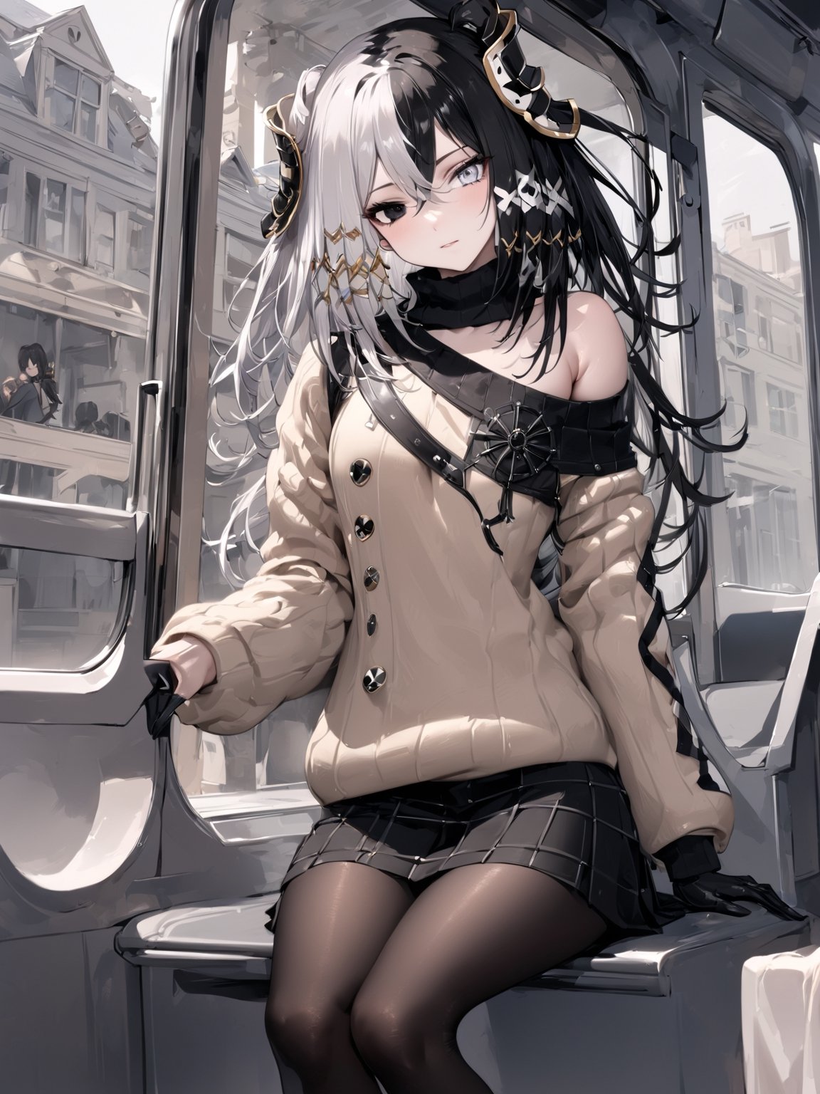 //Quality,
masterpiece, best quality, detailed
,//Character,
,Antilene_Heran_Fouche \(overlord\), 1girl, solo, black eyes, grey eyes, heterochromia, two-tone hair,  hair between eyes, bangs
,//Fashion,
hair ornament, long sleeves, bare shoulder, gloves, sweater, skirt, pantyhose
,//Background,
View the scenery from the carriage window
,//Others,
sitting