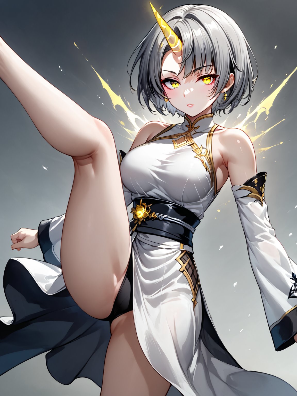 best quality, 8k, 8k UHD, ultra-high resolution, ultra-high definition, highres
,//Character, 
1girl, solo
,//Fashion, 
,//Background, 
,//Others, ,Expressiveh, 
Ataru, short hair, grey hair, yellow eyes, heterochromia, glowing, single horn, dress, legs,
A martial artist mid-kick, her gi revealing a glimpse of athletic physique.