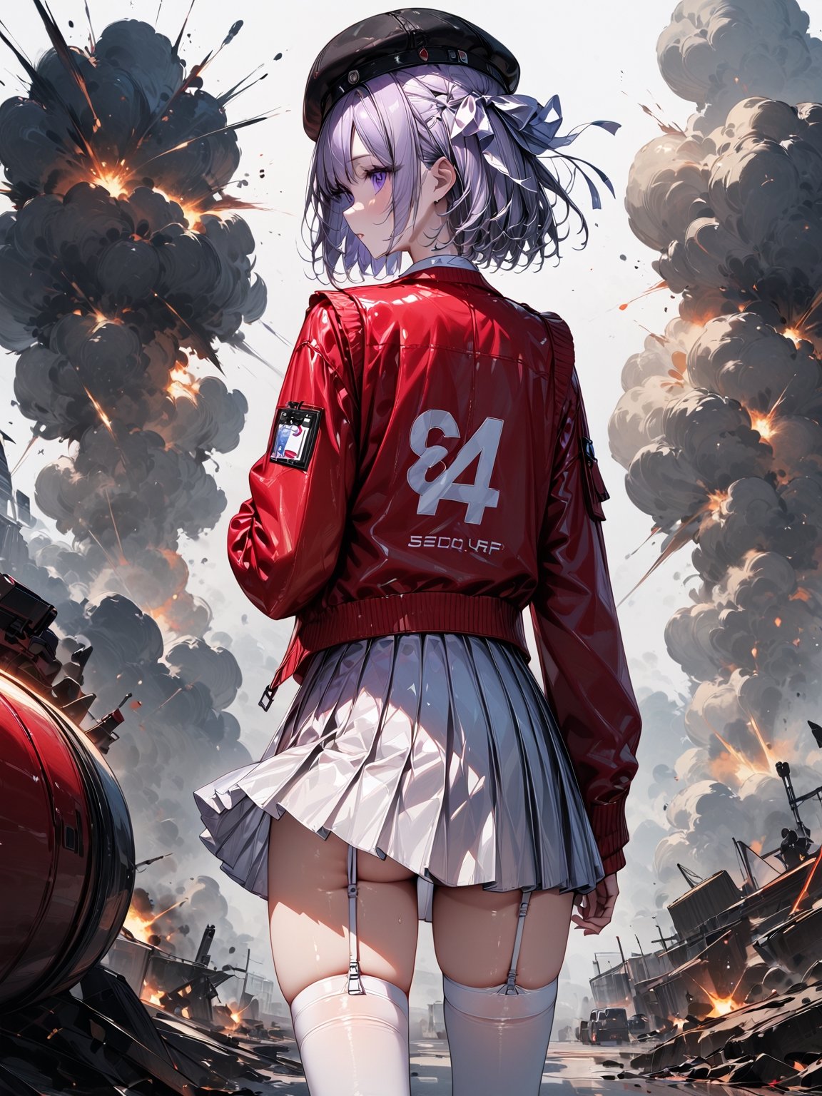 score_9,score_8_up,score_7_up,score_6_up, masterpiece, best quality, detailmaster2, 8k, 8k UHD, ultra detailed, ultra-high resolution, ultra-high definition, highres
,//Character, 1girl, solo
,//Fashion, 
,//Background, white_background
,//Others, ,Expressiveh
, short hair, shiny_hair, purple_eyes,
school_uniform, red_jacket, hair_ribbon, black_hat, white_shirt, pleated_skirt, white_skirt, white_thighhighs, garter_straps, from_behind, explosion,digital painting