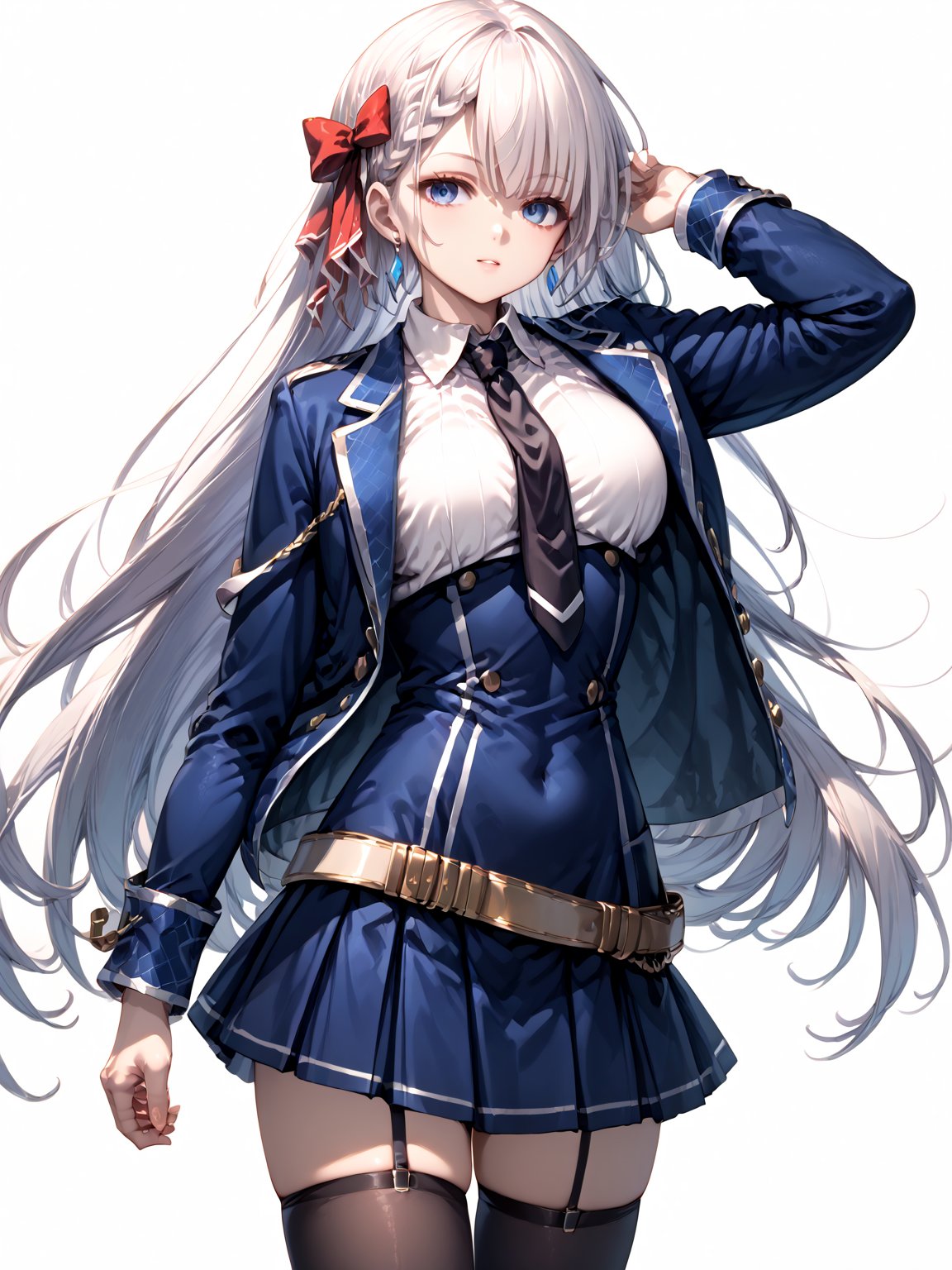 score_9,score_8_up,score_7_up,score_6_up, masterpiece, best quality
,//Character, 
1girl, solo,RiseliaRayCrystalia, very long hair, white hair, braid, blue eyes, medium breasts
,//Fashion, 
earrings, hair bow, long sleeves, white shirt, collared shirt, black necktie, blue jacket, blue skirt, pleated skirt, black thighhighs, belt
,//Background, white_background
,//Others,
v, :)