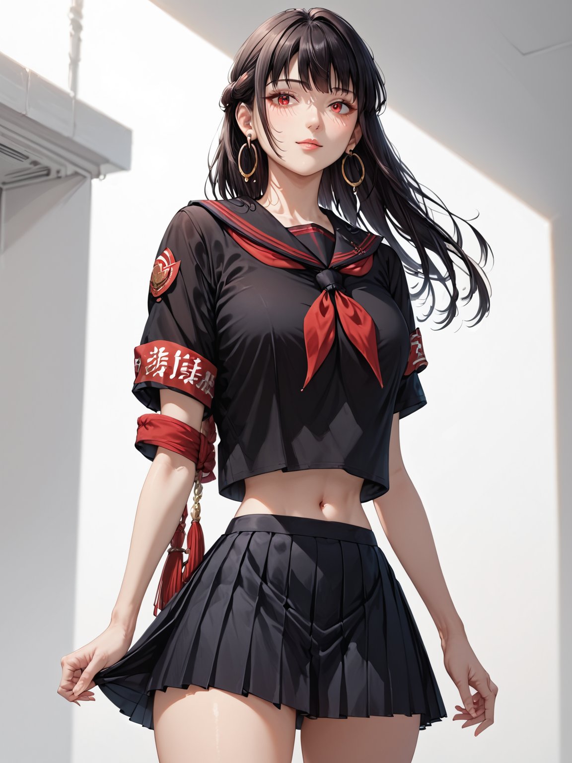 score_9,score_8_up,score_7_up,score_6_up, masterpiece, best quality, detailmaster2, 8k, 8k UHD, ultra detailed, ultra-high resolution, ultra-high definition, highres
,//Character, 1girl, solo
,//Fashion, 
,//Background, white_background
,//Others, ,Expressiveh,
,AgakuraMajiri, 1girl, solo, long hair, black hair, red eyes, hoop earrings, black serafuku, sailor collar, black shirt, red neckerchief, armband, pleated skirt, black skirt