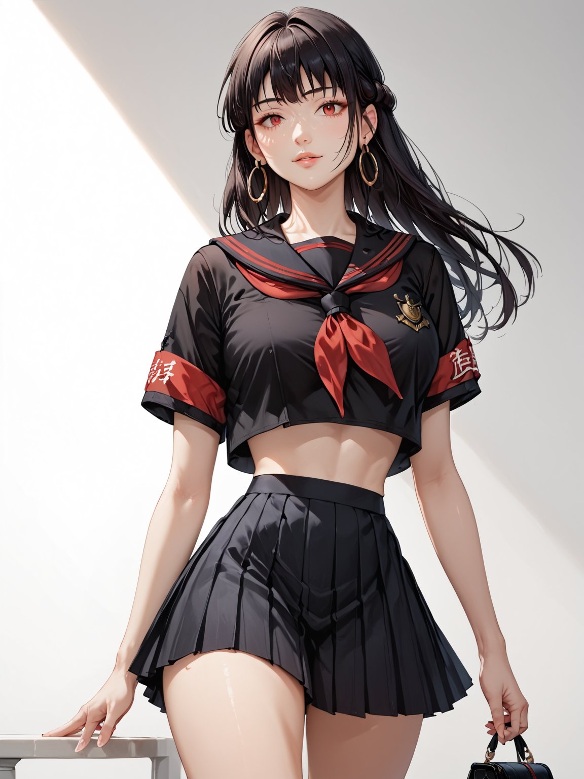 score_9,score_8_up,score_7_up,score_6_up, masterpiece, best quality, detailmaster2, 8k, 8k UHD, ultra detailed, ultra-high resolution, ultra-high definition, highres
,//Character, 1girl, solo
,//Fashion, 
,//Background, white_background
,//Others, ,Expressiveh,
,AgakuraMajiri, 1girl, solo, long hair, black hair, red eyes, hoop earrings, black serafuku, sailor collar, black shirt, red neckerchief, armband, pleated skirt, black skirt