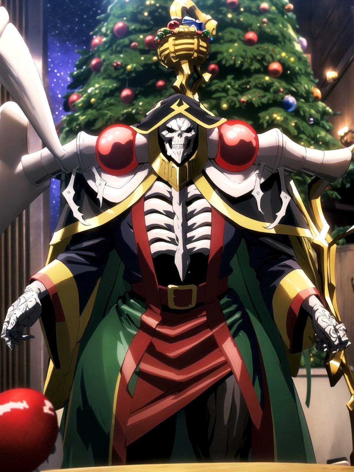 1boy, intricate design, santa costume, (santa's home, decorate santa house, Decorate the Christmas tree),Christmas,Ainz, overlord