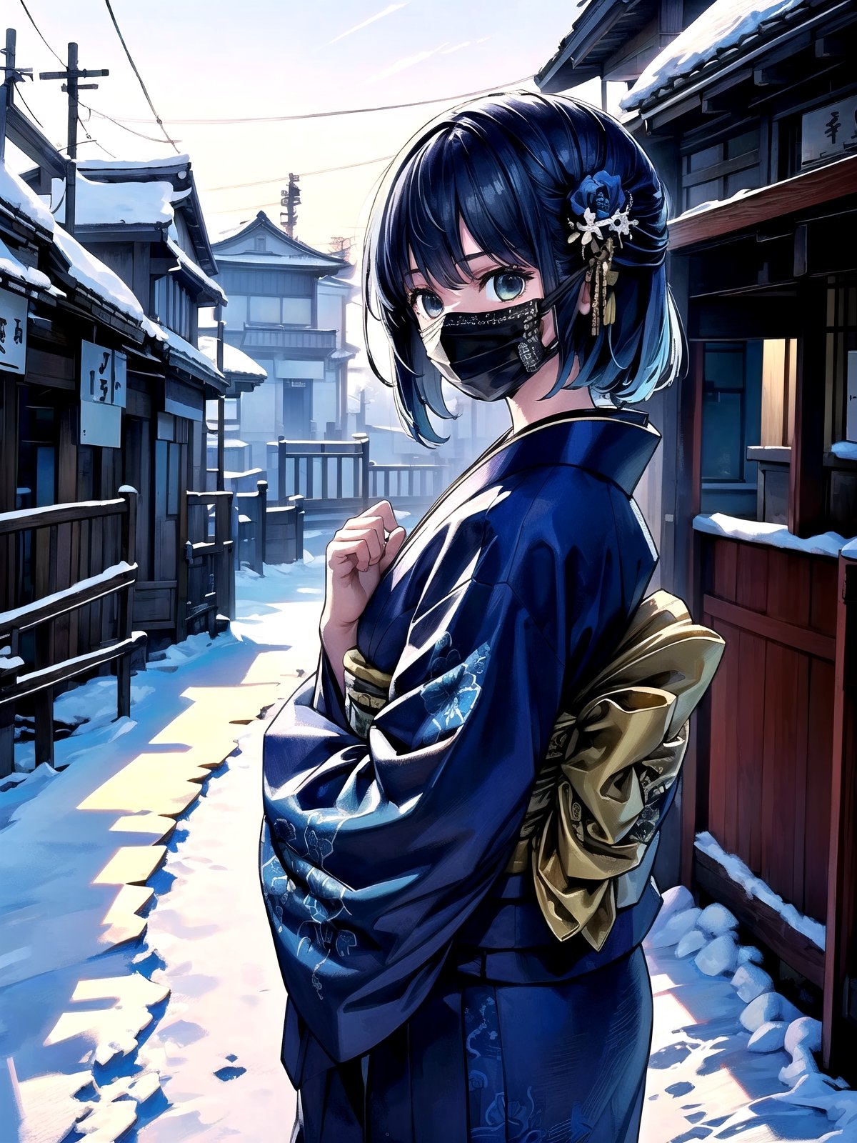 //Quality,
(masterpiece), (best quality), 8k illustration,
,//Character,
1girl, solo, 
,//Fashion,
details (dark blue silk brocade kimono)
,//Background,
Kyoto, outdoors, winter, snow
,//Others,
virus, mask, goodbye,hmakane, blue hair, short hair