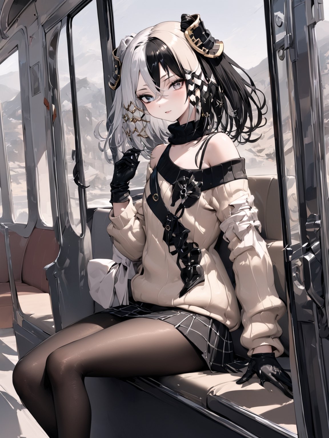 //Quality,
masterpiece, best quality, detailed
,//Character,
,Antilene_Heran_Fouche \(overlord\), 1girl, solo, black eyes, grey eyes, heterochromia, two-tone hair,  hair between eyes, bangs
,//Fashion,
hair ornament, long sleeves, bare shoulder, gloves, sweater, skirt, pantyhose
,//Background,
View the scenery from the carriage window
,//Others,
sitting