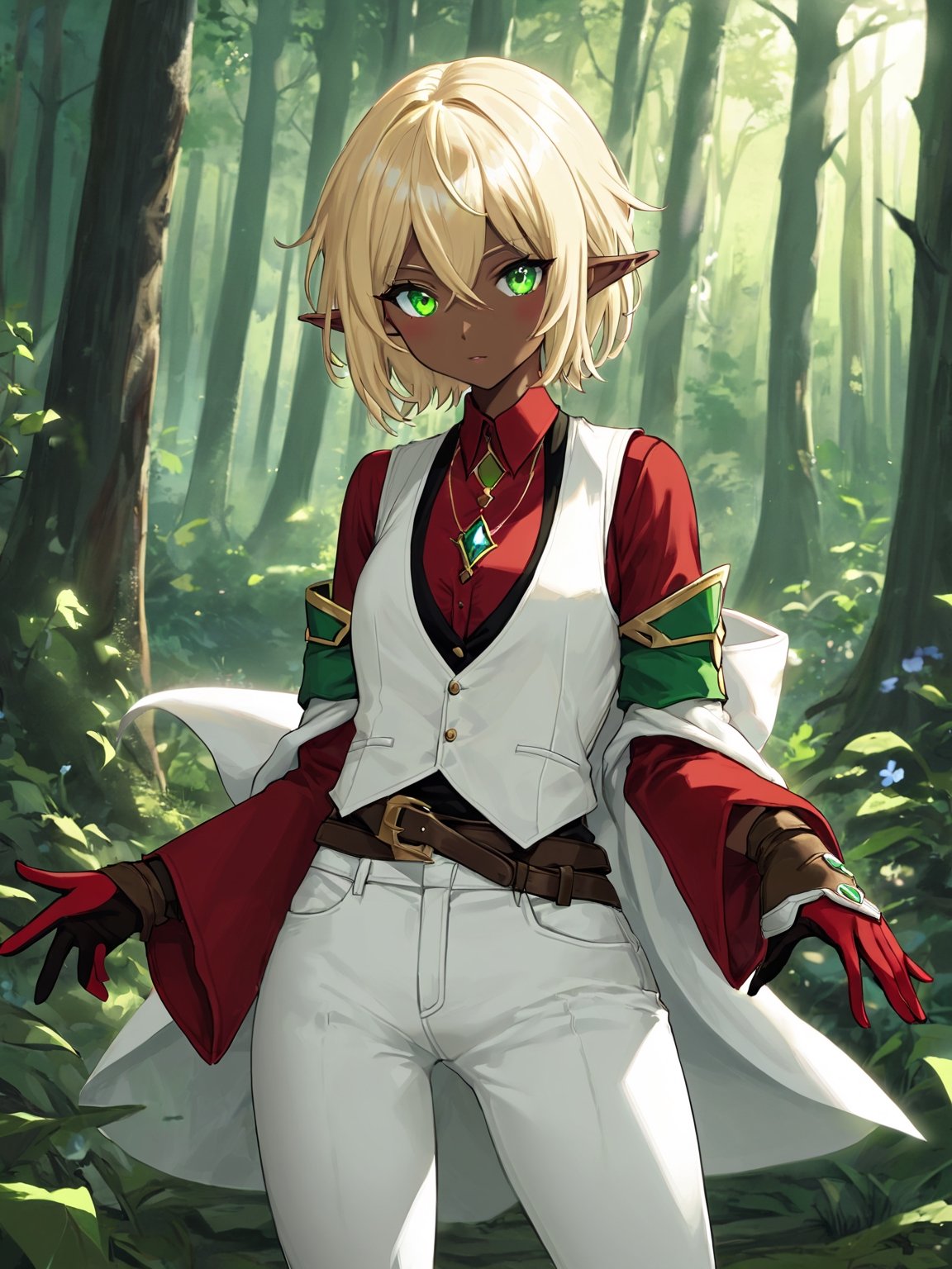 //Quality,
masterpiece, best quality, detailed
,//Character,
solo,Aura Bella Fiora \(overlord\), 1girl, short hair, blonde hair, hair between eyes, blue eyes, green eyes, heterochromia, pointy ears, dark skin, elf, ahoge
,//Fashion,
red shirt, long sleeves, brown gloves, necklace, white vest, white pants, brown footwear
,//Background,
forest
,//Others,