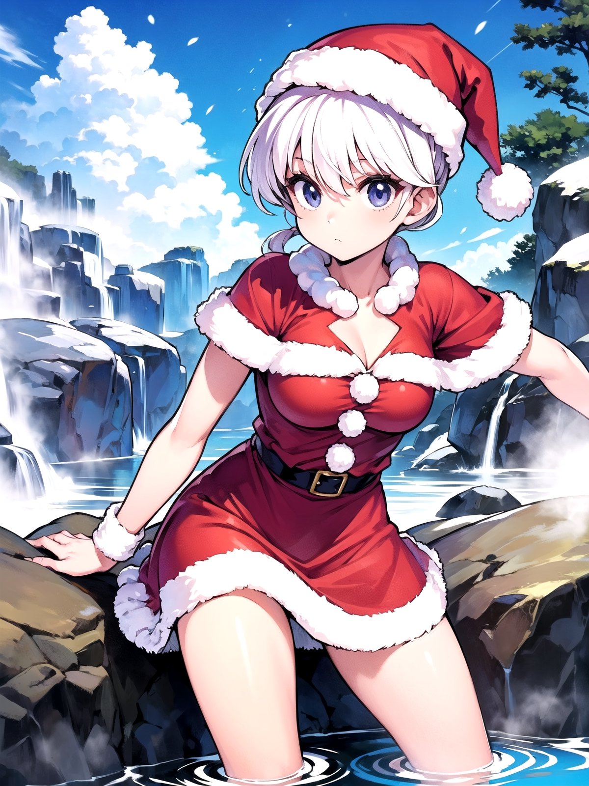 1girl, solo, Hot springs, Ranma style, female Santa,RanmaChan, white_hair,so-bin