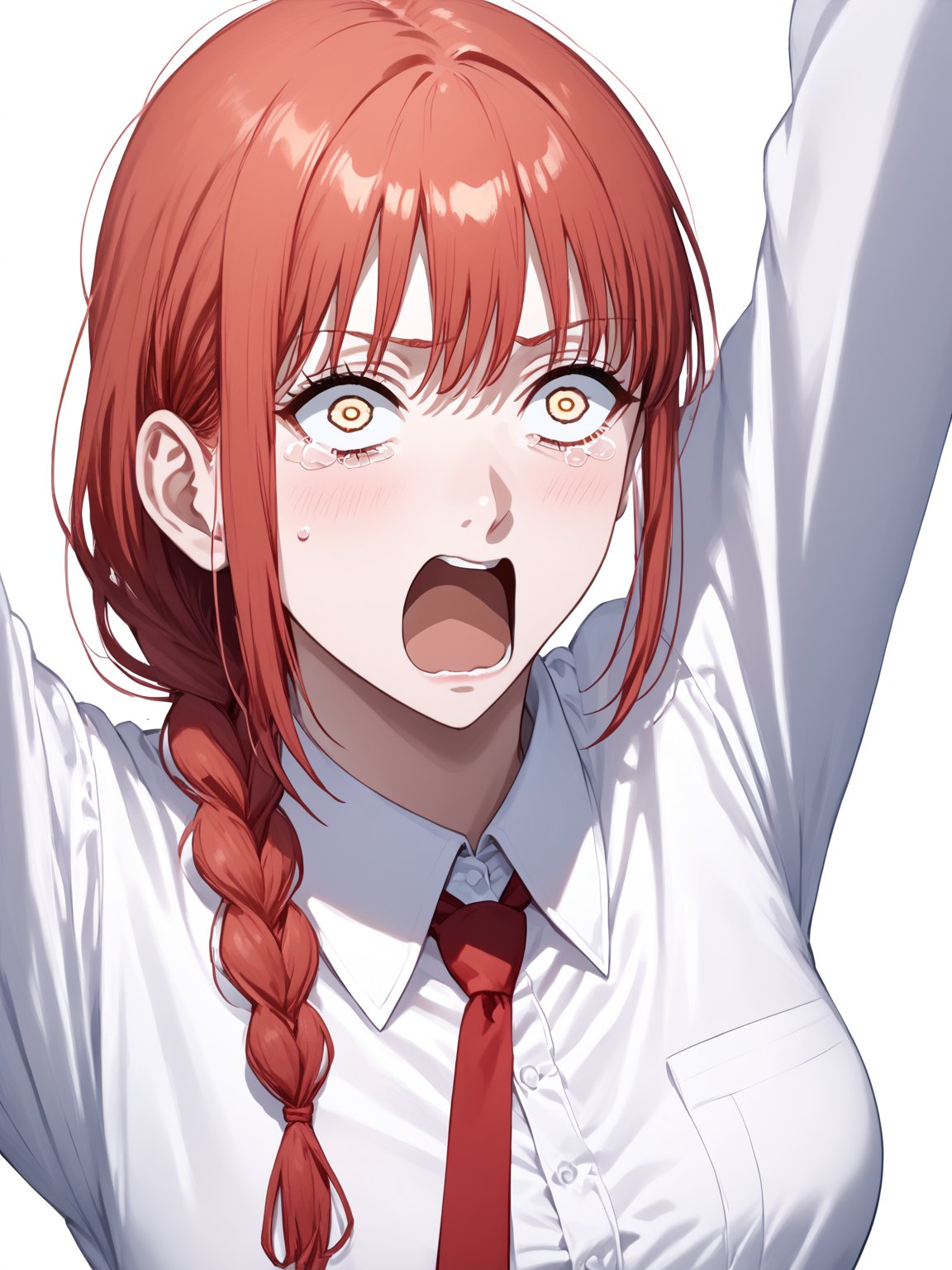 score_9,score_8_up,score_7_up,score_6_up, masterpiece, best quality, 8k, 8k UHD, ultra-high resolution, ultra-high definition, highres
,//Character, 
1girl, solo, makima (chainsaw man), red hair, ringed eyes, braided ponytail
,//Fashion, 
black necktie, shirt, collared shirt, black_pants
,//Background, white_background
,//Others, ,Expressiveh,ArtoriaPendragon, 
aquascreaming, screaming, open mouth, crying with eyes open