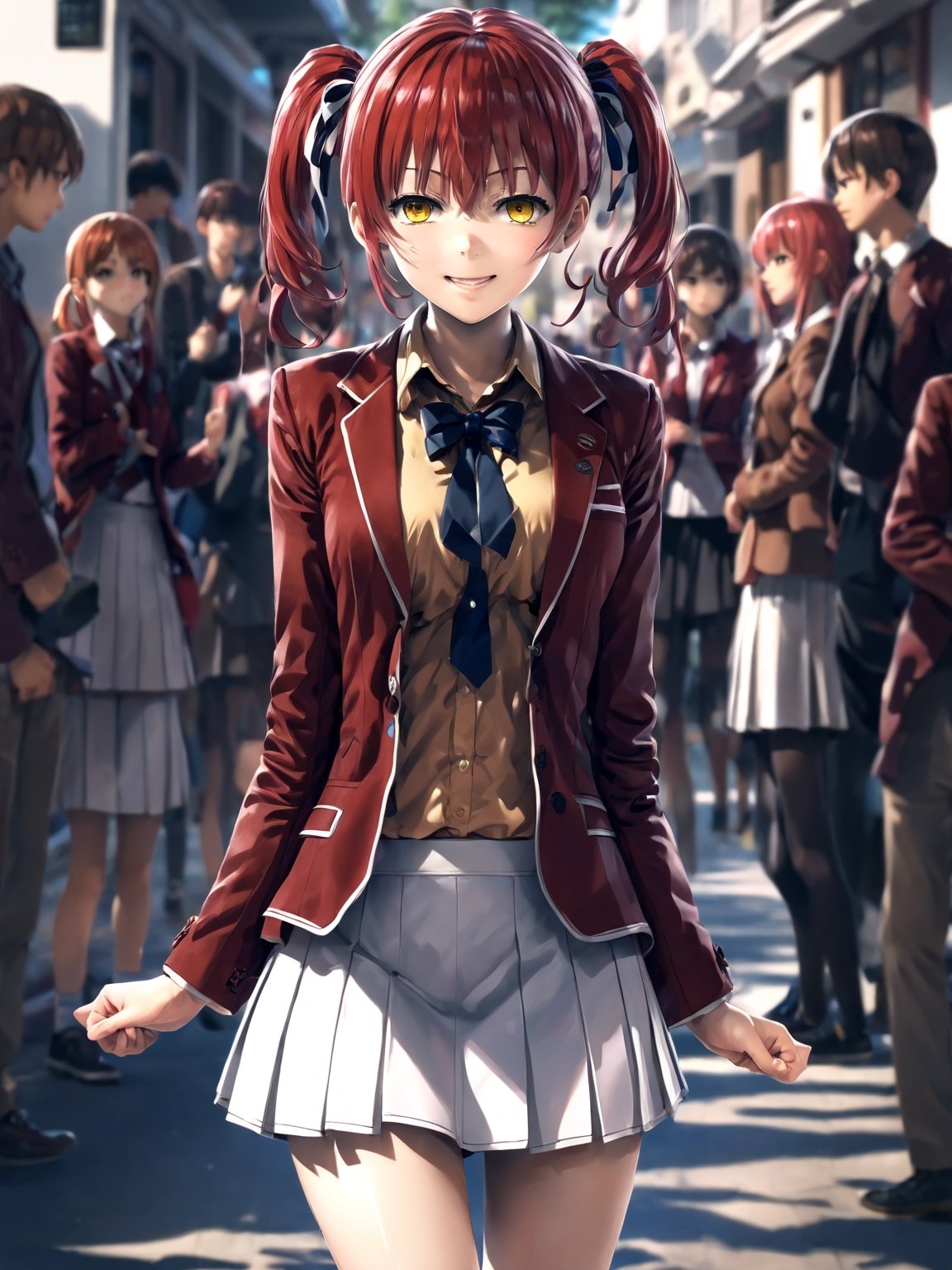 //Quality,
masterpiece, best quality, detailed
,//Character,
1girl, solo,AmasawaIchika, yellow eyes, red hair, twintails, medium breasts, bangs, hair between eyes, shiny hair, 
,//Fashion,
school uniform, red jacket, blazer, open jacket, long sleeves, open clothes, collared shirt, brown shirt, blue bowtie, hair ribbon, red ribbon, pleated skirt, white skirt, miniskirt, black footwear, black socks, loafers
,//Background,
,//Others,
standing, full body, closed mouth, smile, hand up