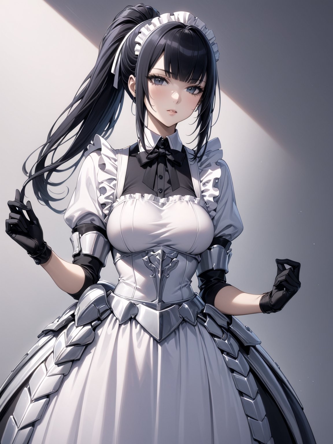 //Character, 1girl, solo,narberal gamma \(overlord\), long hair, black hair, glay eyes, bangs, ponytail, medium breats
//Fashion, ribbon, bow, maid, apron, armored dress, gloves, 
//Background, simple background, 
//Quality, (masterpiece), best quality, ultra-high resolution, ultra-high definition, highres, intricate, intricate details, absurdres, highly detailed, finely detailed, ultra-detailed, ultra-high texture quality, natural lighting, natural shadow, dramatic shading, dramatic lighting, vivid colour, perfect hands, perfect fingers, perfect anatomy, 
//Others, 