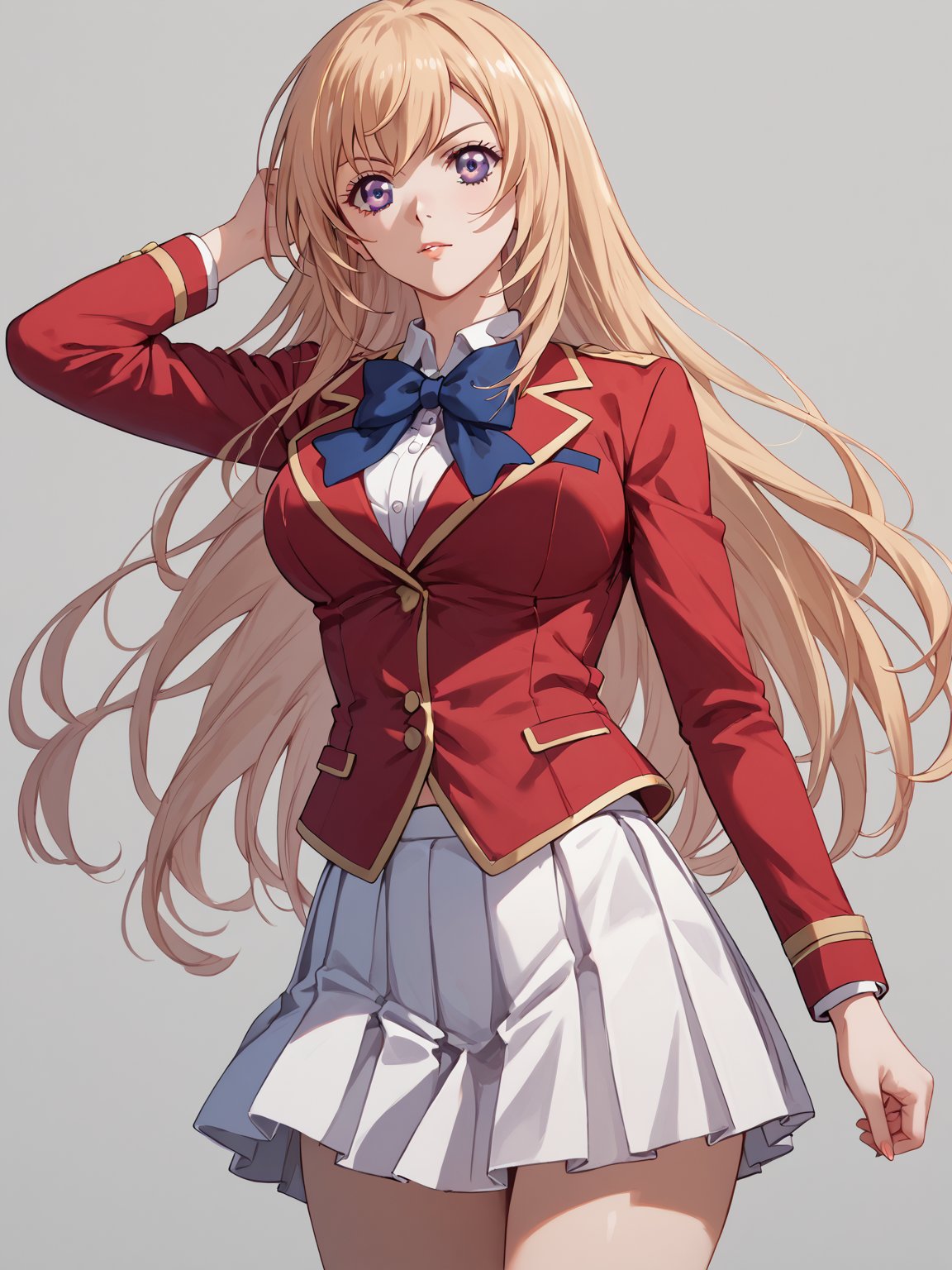 score_9,score_8_up,score_7_up,score_6_up, masterpiece, best quality, 8k, 8k UHD, ultra-high resolution, ultra-high definition, highres
,//Character, 
1girl, solo,ichinose honami, blonde hair, long hair, purple eyes
,//Fashion, 
school uniform, red jacket, blue bow, white skirt, pleated skirt
,//Background, white_background
,//Others, ,Expressiveh,
dynamic jojo pose