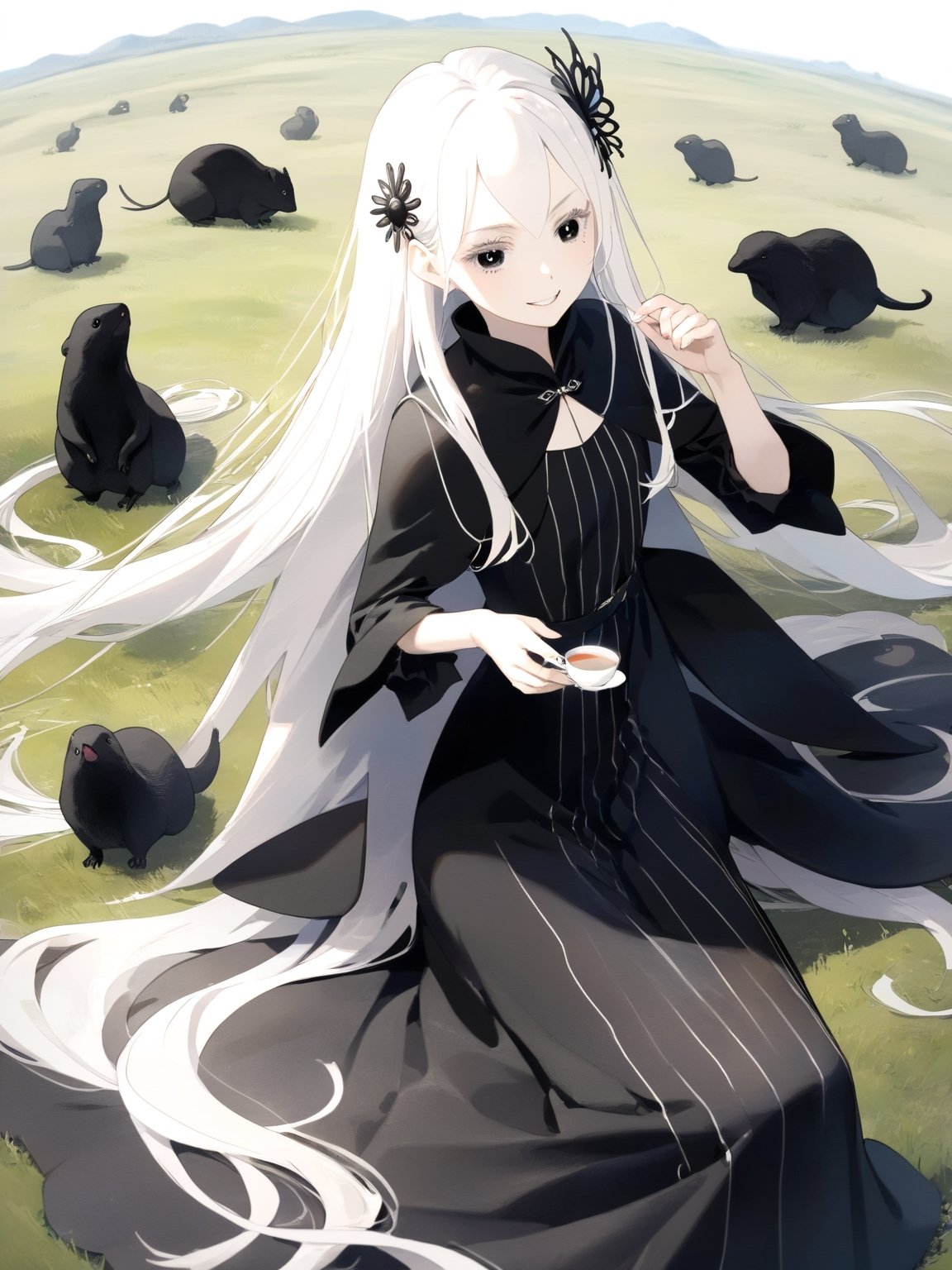 //Quality,
masterpiece, best quality, detailed
,//Character,
solo,echidna_rezero, 1girl, very long hair, white hair, black eyes, colored eyelashes
,//Fashion,
long sleeves, striped, black dress, long dress, hair ornament, black capelet
,//Background,
grassland, tea time
,//Others,
smile