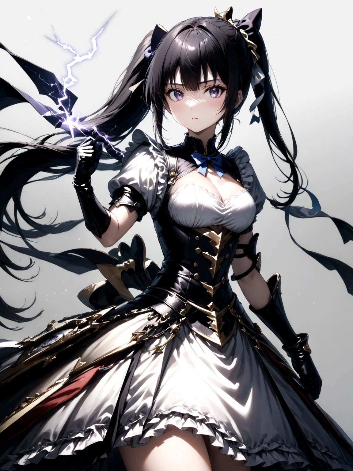 score_9,score_8_up,score_7_up,score_6_up, masterpiece, best quality, 8k, 8k UHD, ultra-high resolution, ultra-high definition, highres
,//Character, 
1girl, solo,narberal gamma \(overlord\), long hair, black hair, glay eyes, bangs, ponytail, medium breats
,//Fashion, 
ribbon, bow, maid, dress, armor, gloves
,//Background, white_background
,//Others, ,Expressiveh, 
lightning magic charging