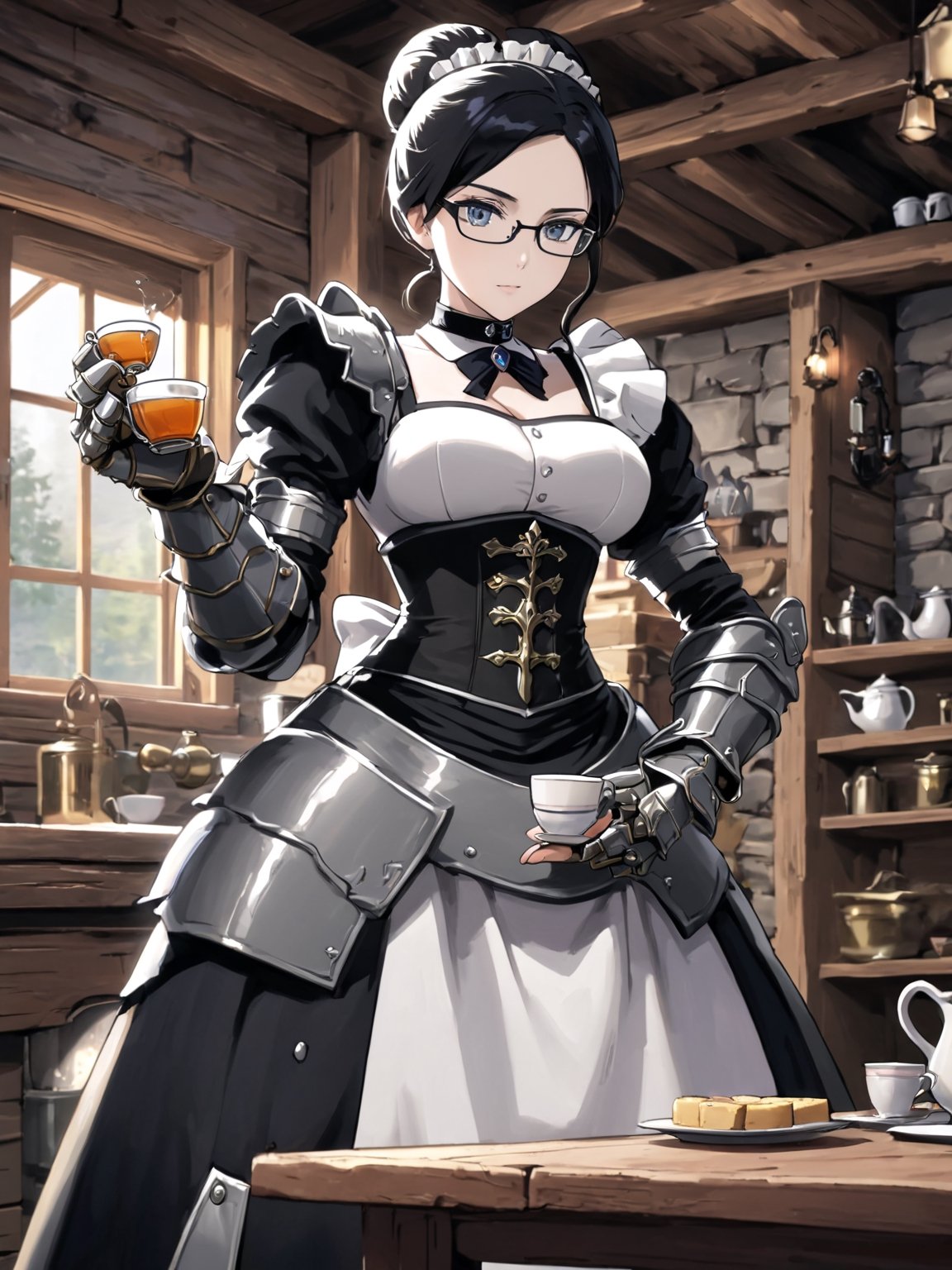 //Quality,
masterpiece, best quality, detailed
,//Character,
solo,
,//Fashion,
,//Background,
log house, pouring tea
,//Others,
,Yuri Alpha \(overlord\), 1girl, grey eyes, glasses, black hair, hair bun, breasts, dress, broach, choker, maid, armor, gauntlets, corset