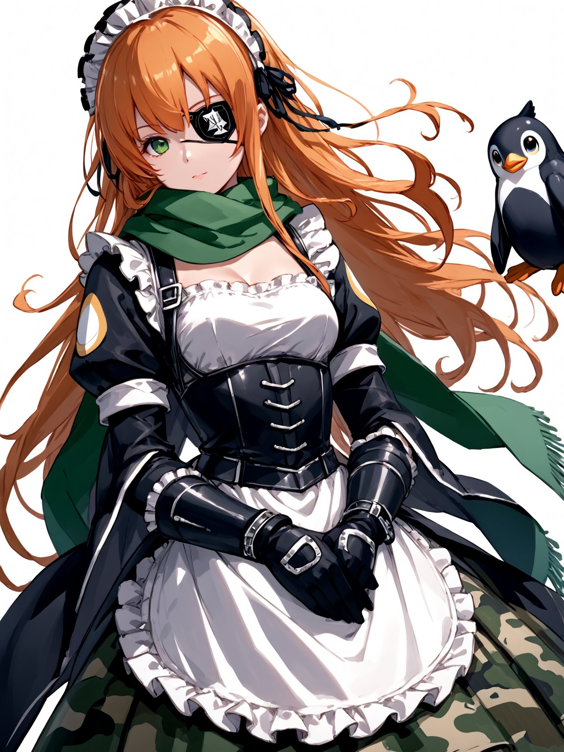 score_9,score_8_up,score_7_up,score_6_up, masterpiece, best quality
,//Character, 
1girl, solo,cz2128_delta \(overlord\), long hair, green eyes, orange hair, eyepatch
,//Fashion, 
maid, maid headdress, camouflage, green scarf, gloves, dress, armor
,//Background, white_background
,//Others,
(holding large Stuffed Penguin:1.3)