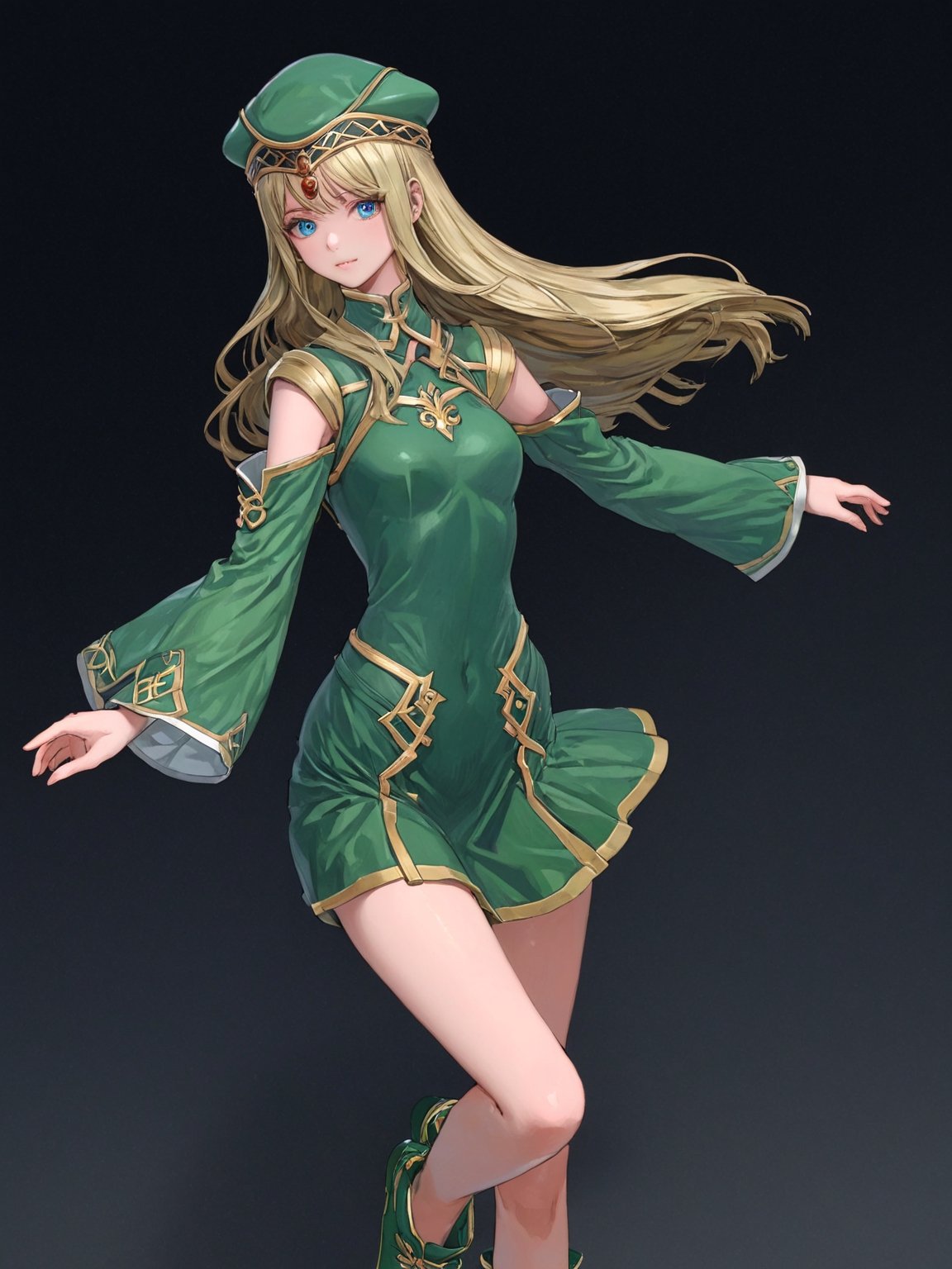 //Character, solo, Frey_VP, 1girl, blue eyes, long hair, blonde hair, 
//Fashion, hat, green dress, detached sleeves, green footwear, 
//Background, simple background, 
//Quality, (masterpiece), best quality, ultra-high resolution, ultra-high definition, highres, intricate, intricate details, absurdres, highly detailed, finely detailed, ultra-detailed, ultra-high texture quality, natural lighting, natural shadow, dramatic shading, dramatic lighting, vivid colour, perfect anatomy, 
//Others, 