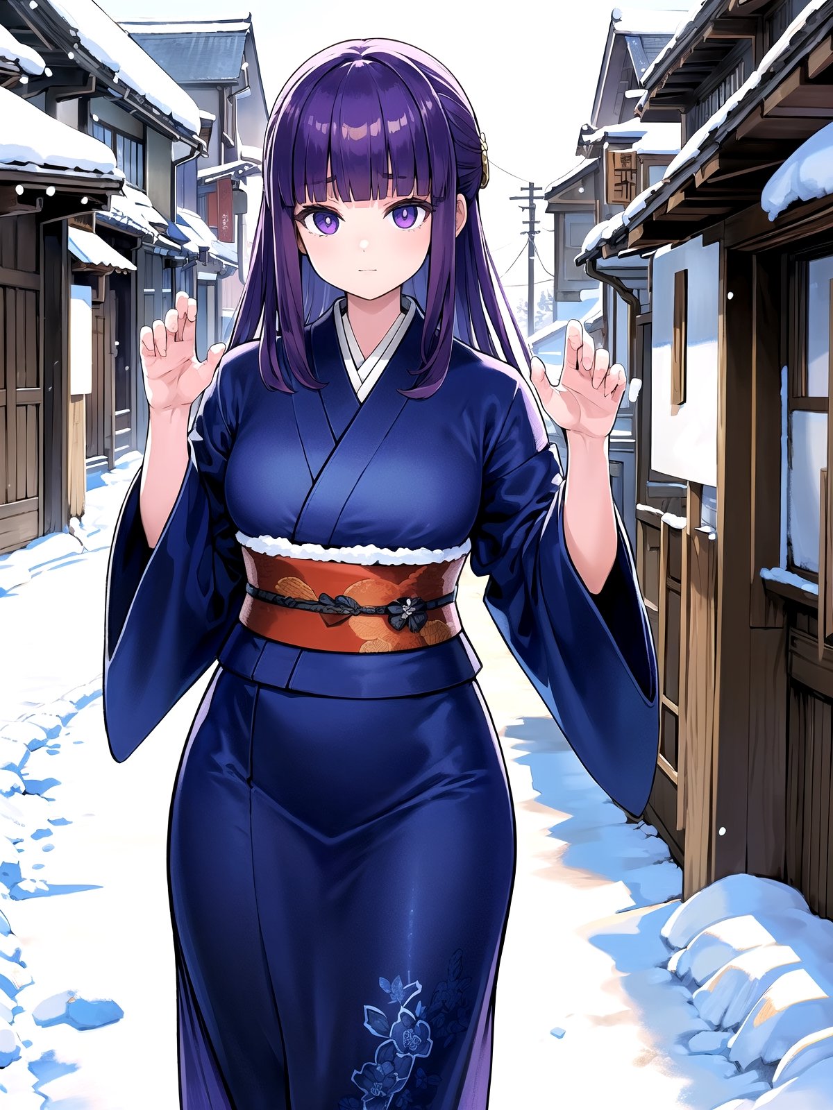 //Quality,
(masterpiece), (best quality), 8k illustration,
,//Character,
1girl, solo,
,//Fashion,
details (dark blue silk brocade kimono)
,//Background,
Kyoto, outdoors, winter, snow
,//Others,
goodbye pose,aafern, long hair, purple hair