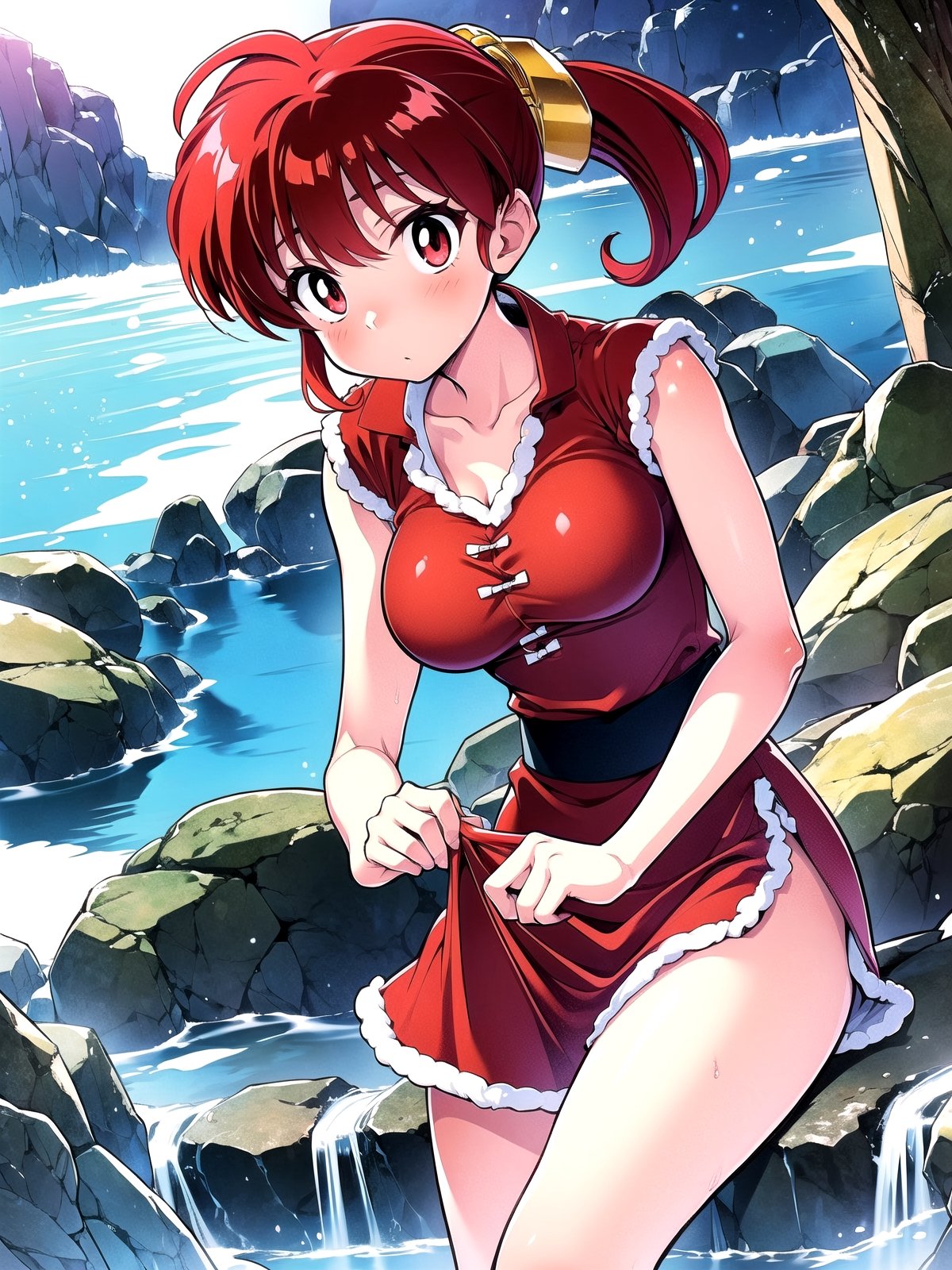 1girl, solo, Hot springs, Ranma style, female Santa,RanmaChan, red_hair,so-bin