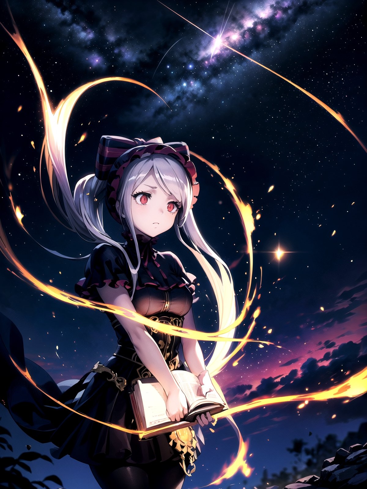 //Quality,
(masterpiece), (best quality), 8k illustration
,//Character,
1girl, solo
,//Fashion,
,//Background,
night sky, meteor
,//Others,
superpower, book, float, feel astonished,shalltear bloodfallen