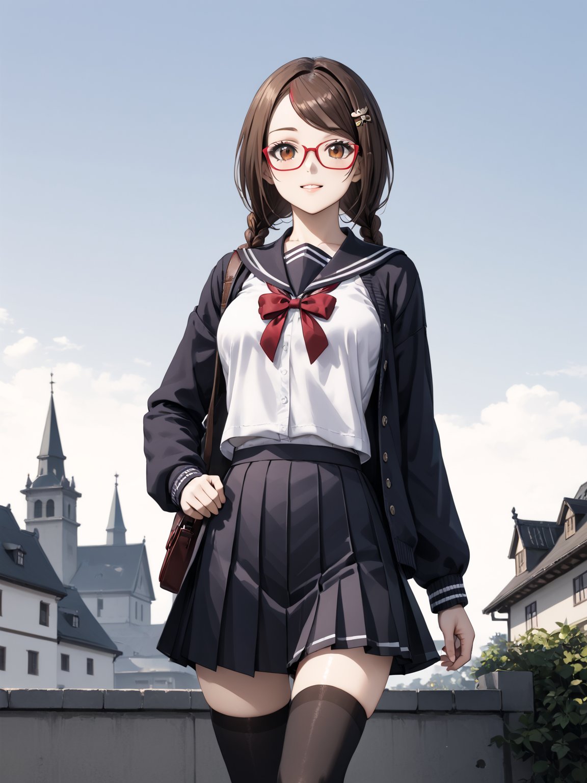 masterpiece, best quality, highres
,//Character, 
1girl, solo,SakimiyaMisaki, brown hair, twin braids, brown eyes, glasses, red-framed eyewear
,//Fashion, 
school uniform, hair ornament, hairclip, pleated skirt, black thighhighs
,//Background, 
,//Others, ,Expressiveh, 
A twin-tailed assassin girl perched on a rooftop, observing a medieval fantasy city at night.