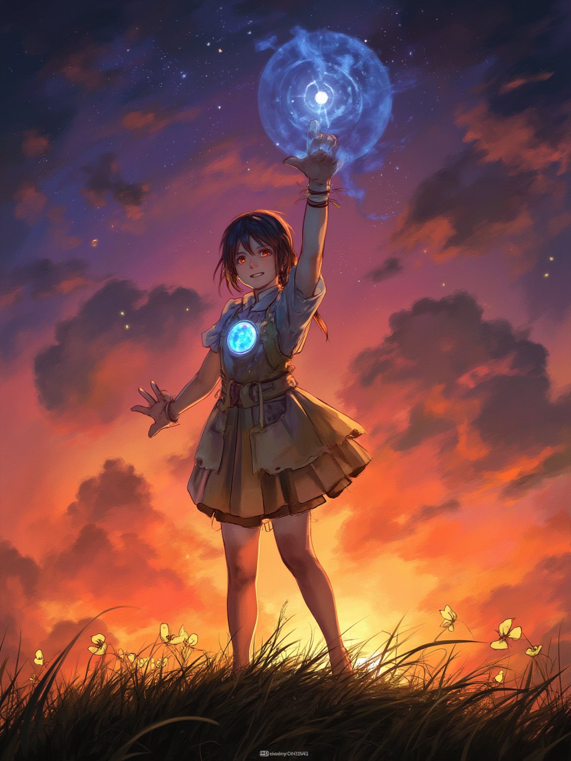 best quality, 8k, 8k UHD, ultra-high resolution, ultra-high definition, highres
,//Character, 
1girl, solo
,//Fashion, 
dress
,//Background, 
,//Others, ,Expressiveh,
The girl standing triumphantly atop a hill, silhouetted against a beautiful sunset. She's holding a magical artifact that glows with rainbow colors. Her posture is confident, and a smile of accomplishment lights up her face. Fireflies dance around her, adding a magical touch to the scene.