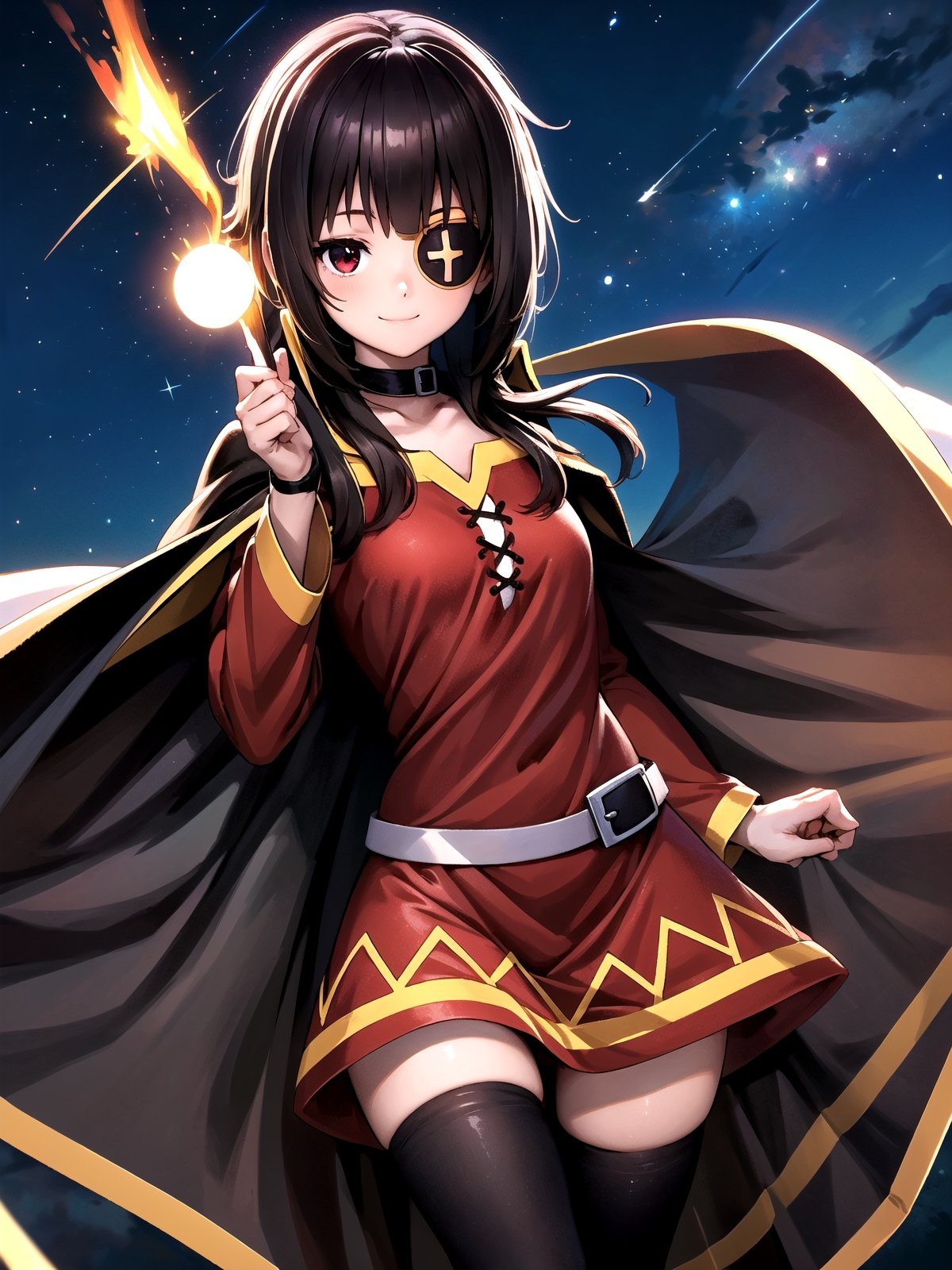 //Quality,
(masterpiece), (best quality), 8k illustration
,//Character,
1girl, solo, smile
,//Fashion,
,//Background,
night sky, meteor,  
,//Others,
make a wish,Megu-KJ , megu dress , megu cape , asymmetrical legwear, right thighhighs, eyepatch,Megu-KJ,liangxing