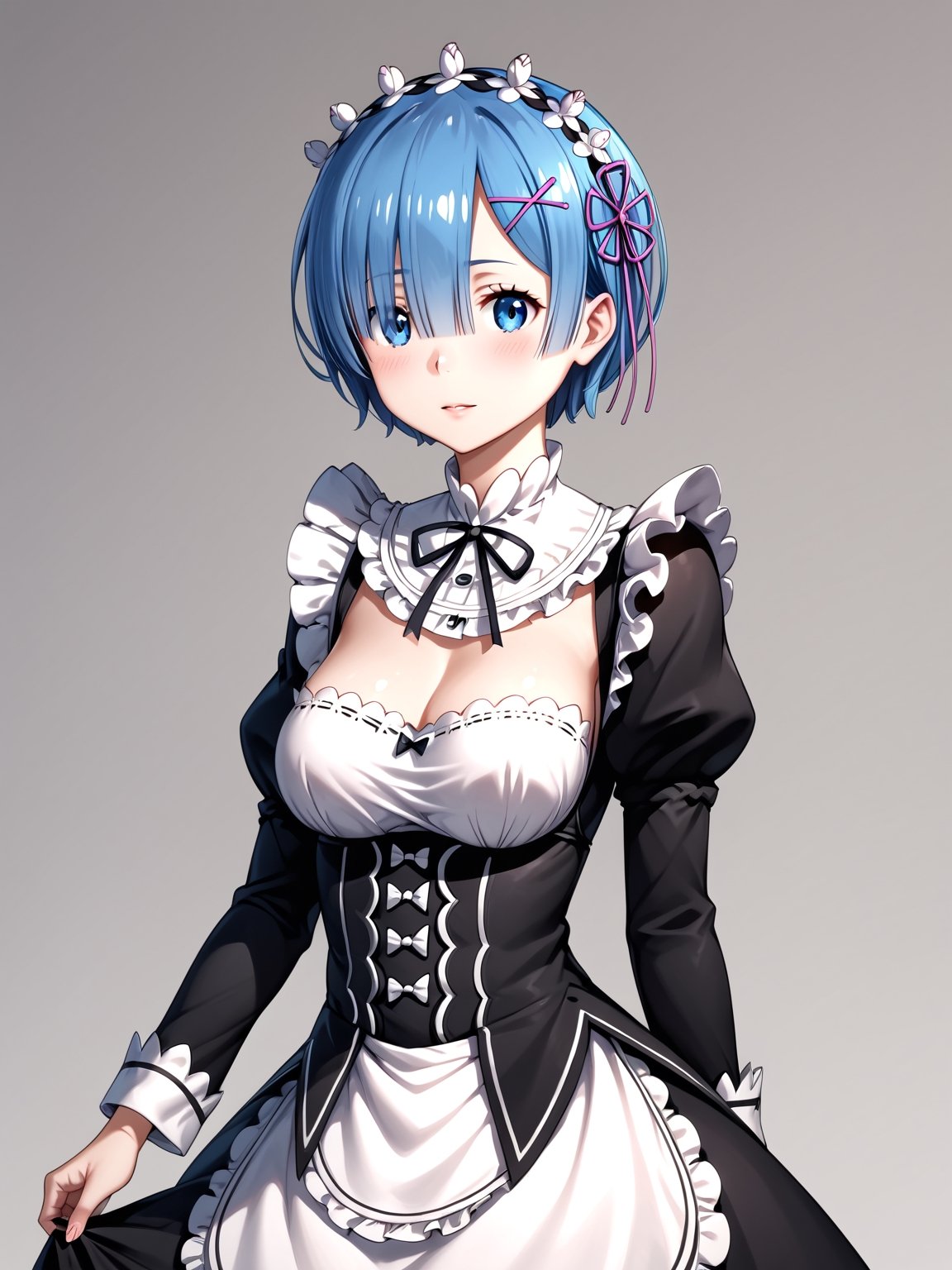 masterpiece, best quality, detailmaster2, 8k, 8k UHD, ultra detailed, ultra-high resolution, ultra-high definition, highres, 
//Background, white_background,
//Character, ,rem \(re_zero\), 1girl, solo, blue eyes, blue hair, short hair, 
//Fashion, ,roswaal mansion maid uniform, hair ribbon
//Others, ,score_6_up