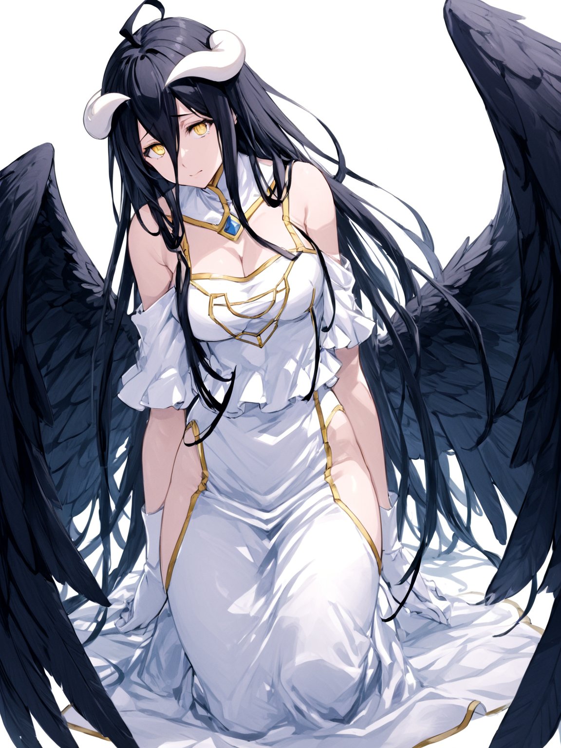 score_9,score_8_up,score_7_up,score_6_up, masterpiece, best quality
,//Character, 
1girl, solo,albedo \(overlord\), long hair, black hair, hair between eyes, yellow eyes, horns, ahoge, black wings, feathered wings, low wings
,//Fashion, 
white gloves, white dress, bare shoulders, detached collar, cleavage, slit pupils
,//Background, white_background
,//Others,
kneeling, tearful