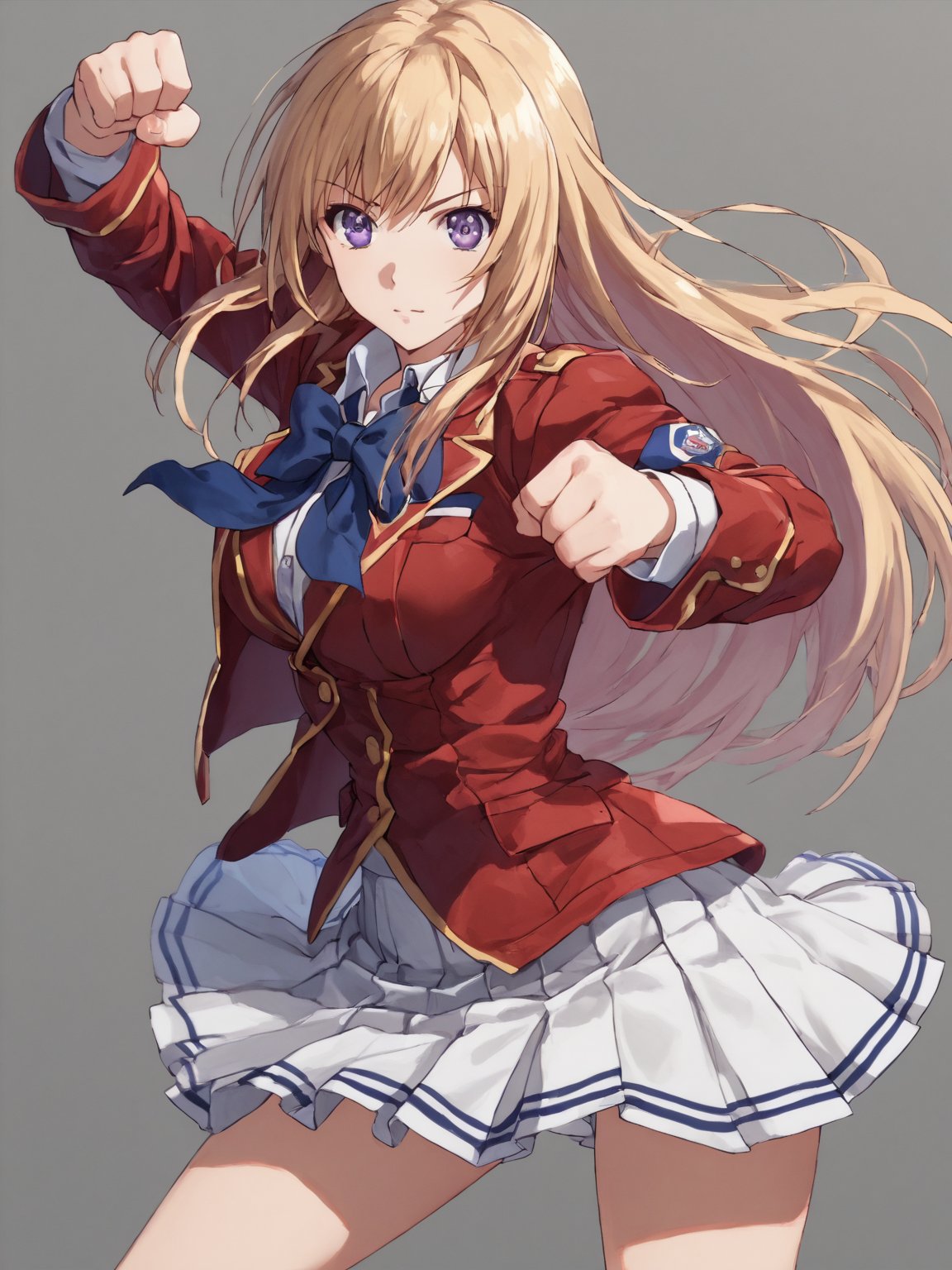 score_9,score_8_up,score_7_up,score_6_up, masterpiece, best quality, 8k, 8k UHD, ultra-high resolution, ultra-high definition, highres
,//Character, 
1girl, solo,ichinose honami, blonde hair, long hair, purple eyes
,//Fashion, 
school uniform, red jacket, blue bow, white skirt, pleated skirt
,//Background, white_background
,//Others, ,Expressiveh,
fighting stance, dynamic pose