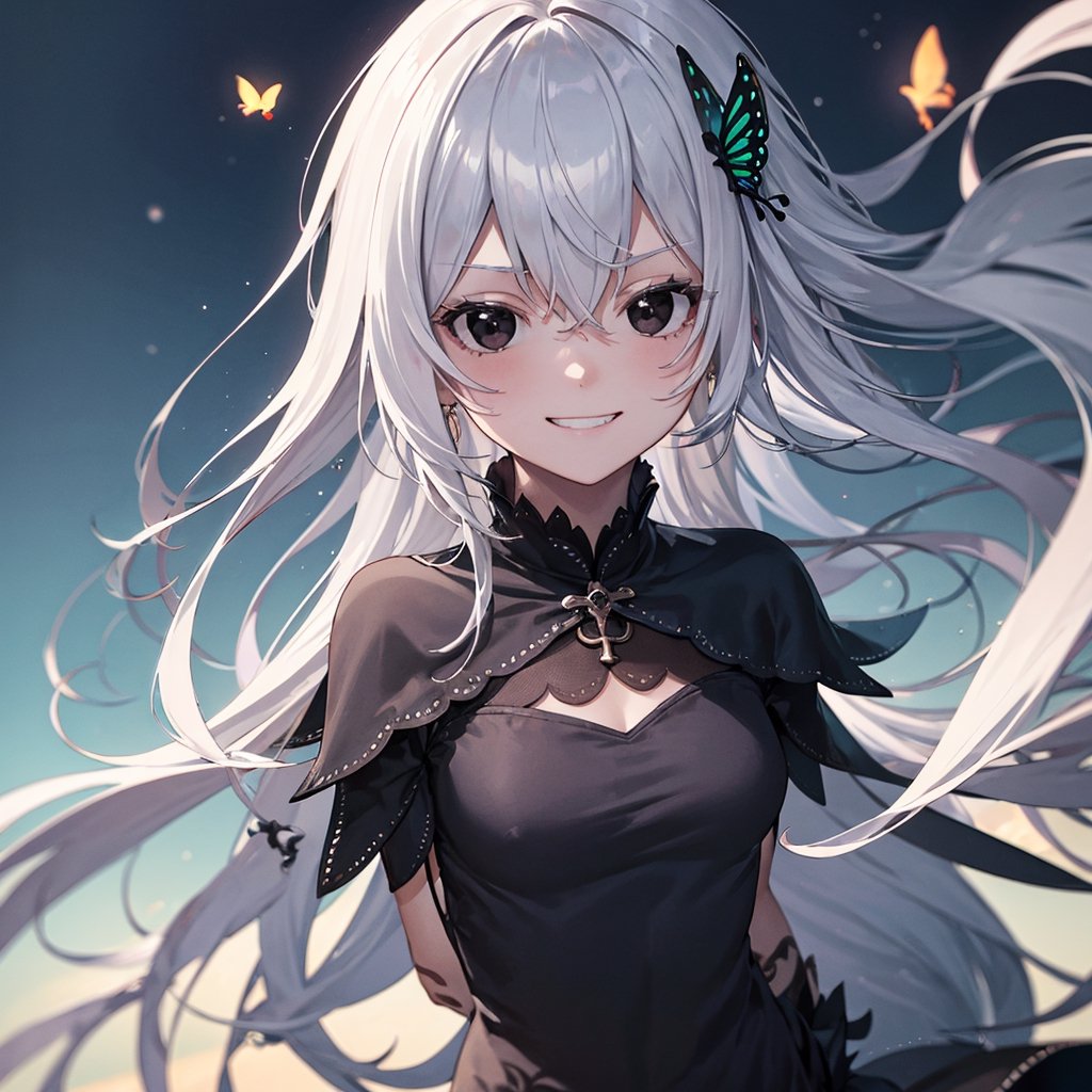 1 Girl, special ability, night, starry sky, shadow, detailed background, echidna, colored eyelashes, white hair, hair between eyes, long hair, straight hair, (black eyes:1.5),BREAK black capelet, black dress, butterfly hair ornament, capelet, dress, hair ornament, IncrsAnyasHehFaceMeme,grin