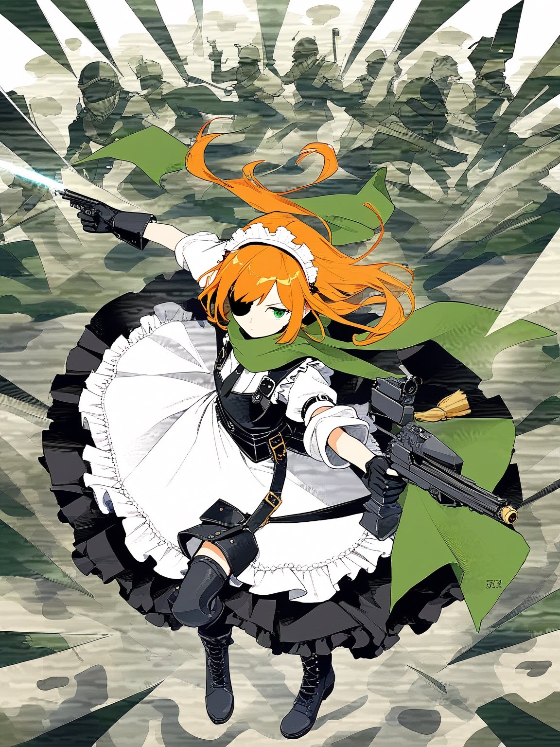 //Quality,
masterpiece, best quality, detailed
,//Character,
,cz2128_delta \(overlord\), 1girl, solo, long hair, green eyes, orange hair, eyepatch, expressionless
,//Fashion,
maid, maid headdress, camouflage, green scarf, gloves, dress, boots, armor
,//Background,
battle ground
,//Others,
holding gun